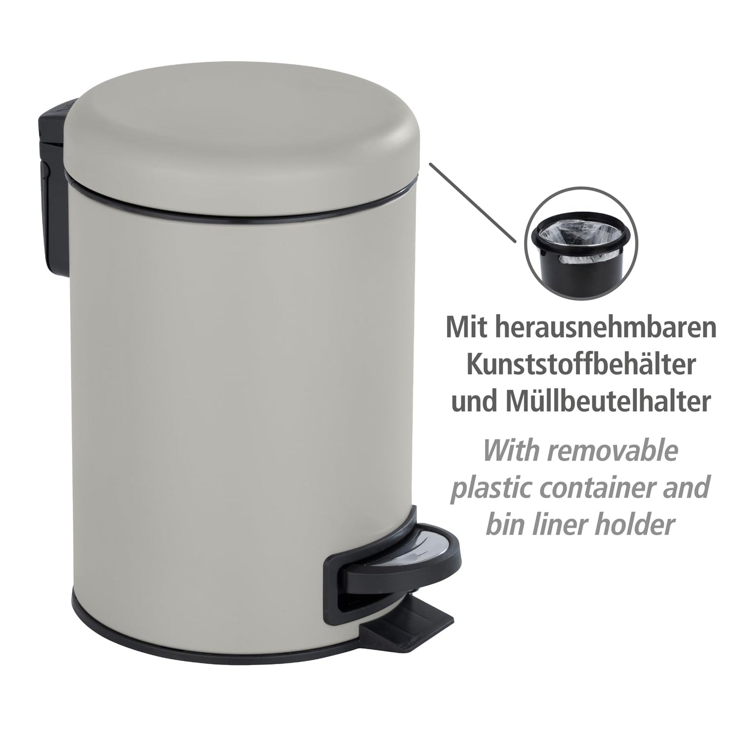 WENKO Treteimer Mod. Leman 3 Liter mit herausnehmbarem Einsatz aus lackiertem Stahl ideal für Badezimmer oder Küche 17 x 25 x 22,5 cm Schwarz matt