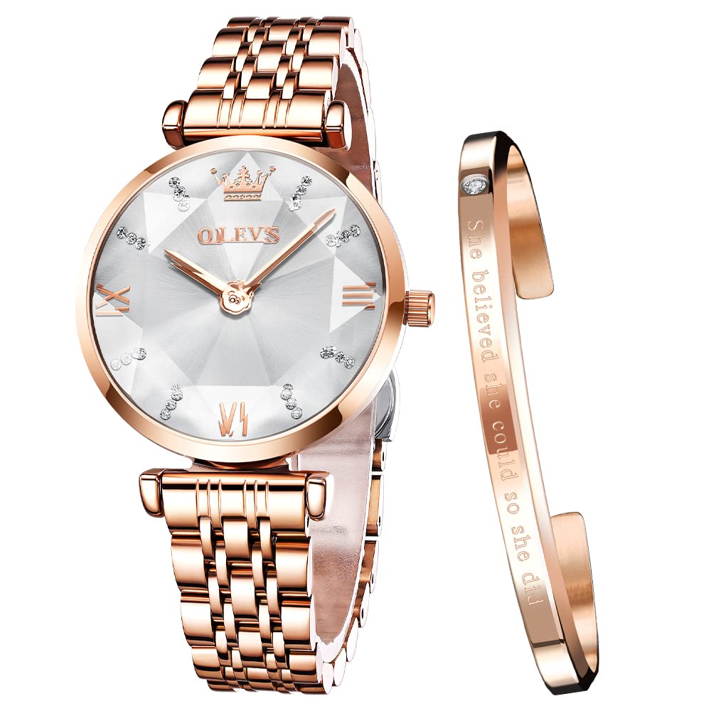 OLEVS Damenuhren Roségold Diamant Kleines Gesicht Edelstahlarmband Analoge Quarz Armbanduhren mit Kalender Leuchtend Wasserdicht Armreif Geschenke Set