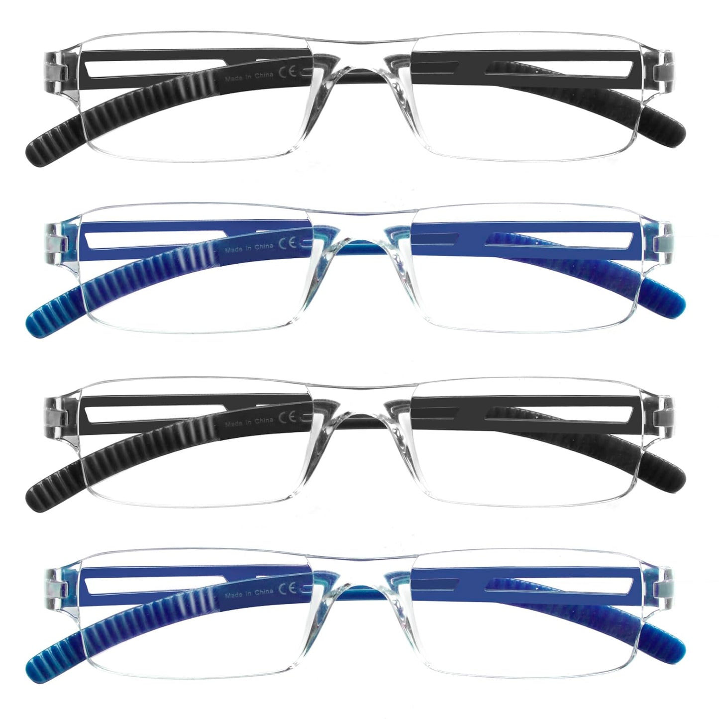 COJWIS Pack of 4 Frameless Reading Glasses for Men and Women, Lightweight and Comfortable, Anti Blue Light Reading Aid / TR90 Glasses (4 Colour Mixing, 2.00, Multiplier_x)