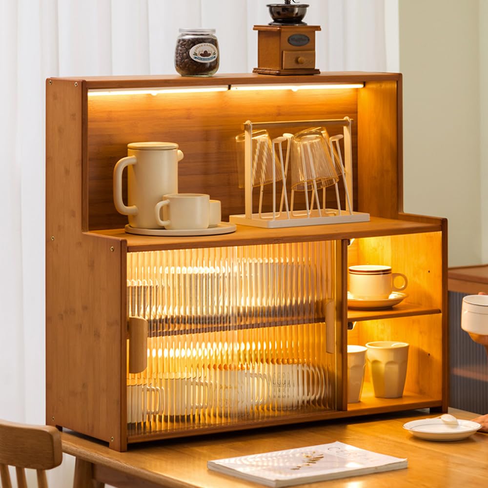 SINBINTA Bambus-Küchen-Sideboard, Küchenschrank mit 2 Glasschiebetüren, freistehender Essschrank, Aufbewahrungsschrank für Flaschen, Schalen, 67 cm lang