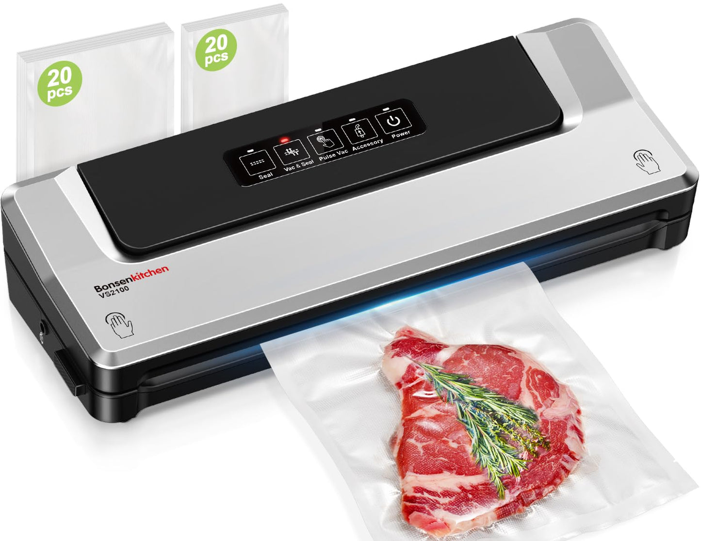 Bonsenkitchen Vakuumiergerät, Vakuumierer Folienschweißgerät für Sous Vide Kochen und Lebensmittel Bleiben bis zu 6x Länger Frisch, 40 Vakuumbeutel Inklusive (Sliber)