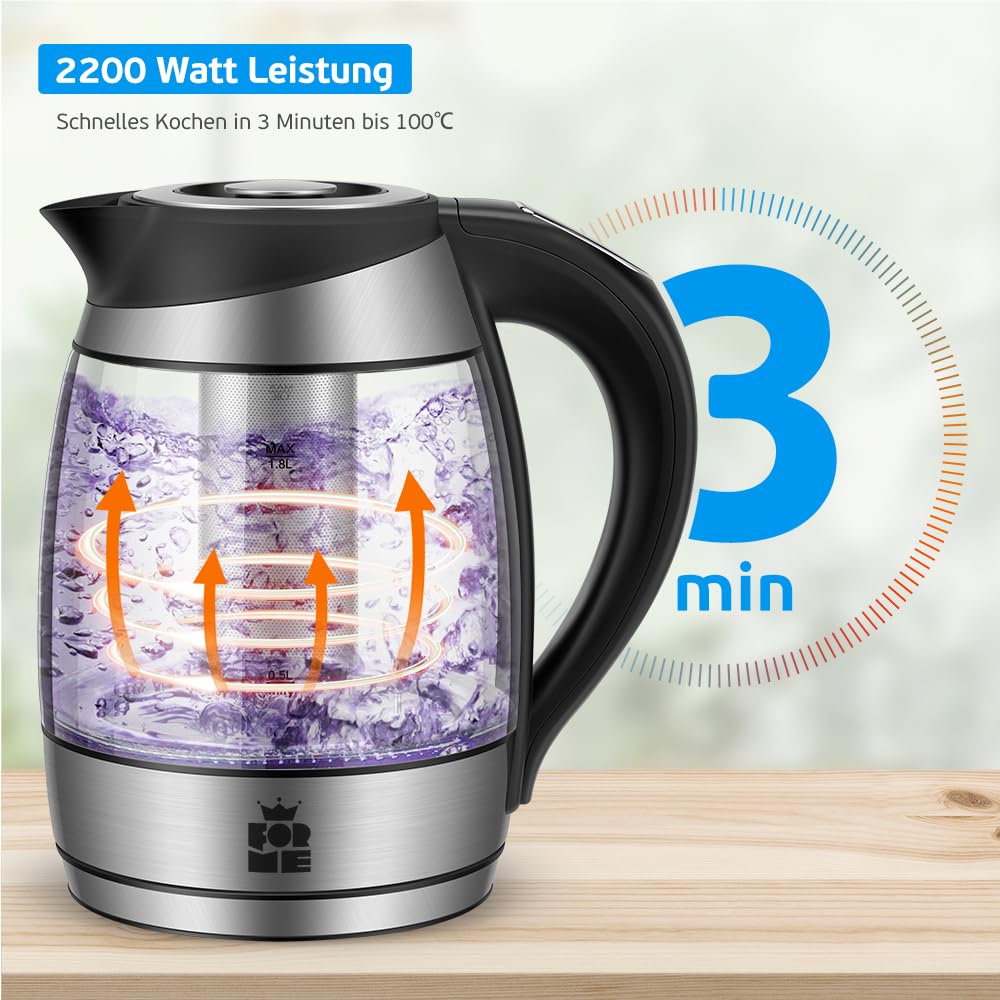 ForMe Glas Wasserkocher 1,8 Temperatureinstellung Temperaturwahl 40°C-100°C Farbwechsel LED I BPA FREI I Temperatur Einstellbar Teekocher Glaskessel Teekessel Glaswasserkocher mit Warmhaltefunktion