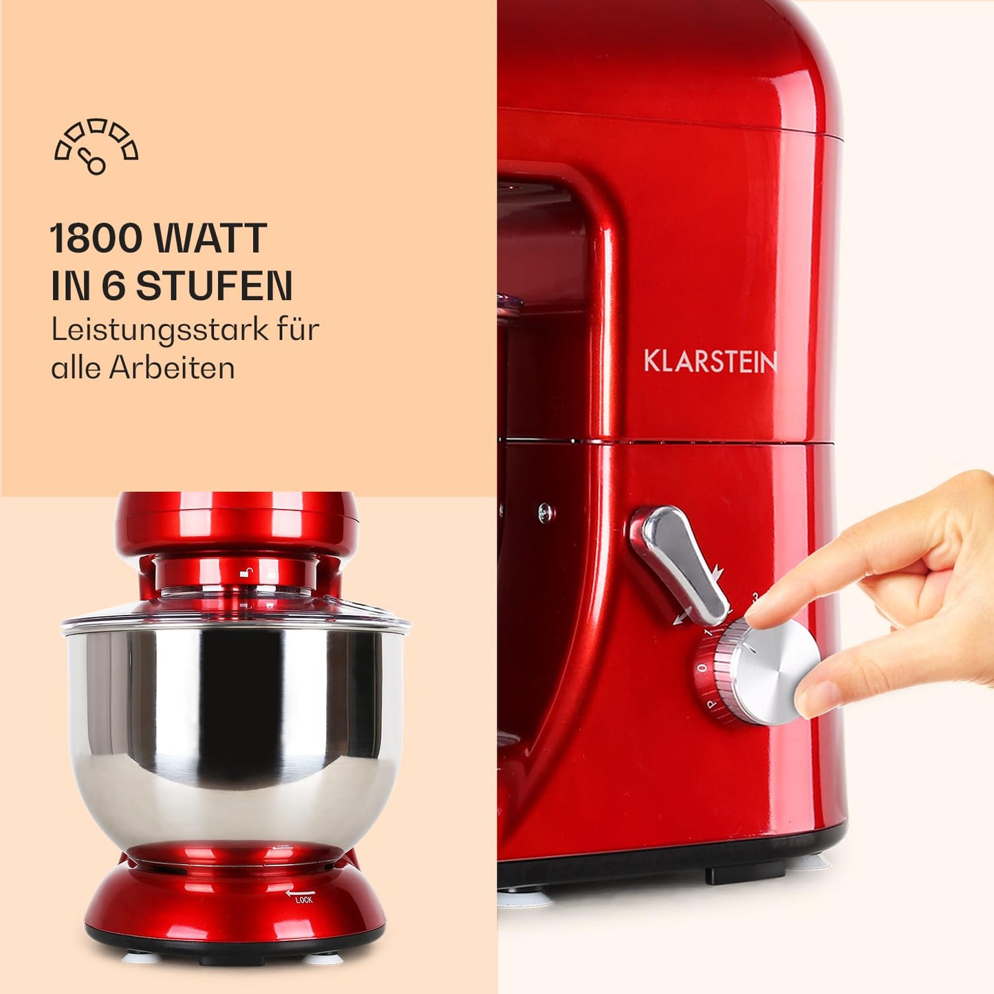 Klarstein Küchenmaschine, Knetmaschine mit 5L Schüssel, 1800W Profi Küchenmaschine mit Knethaken und Schneebesen, Universal Küchenmaschine mit 6 Stufen, Teigmaschine zum Rühren, Kneten und Aufschlagen