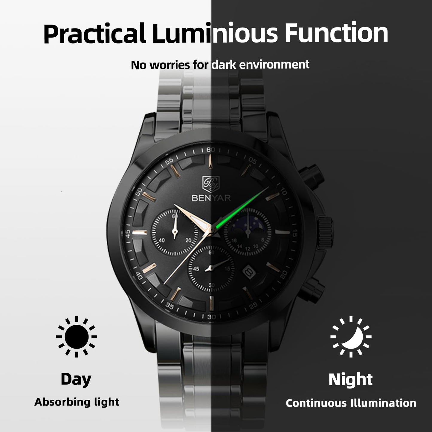 BY BENYAR Uhren Herren Chronograph Analog Quarz Wasserdicht Armbanduhr Herren Mode Lässig Business Herrenuhr mit Kalender Lederarmband/Edelstahlarmband Uhr Geschenk für Männer