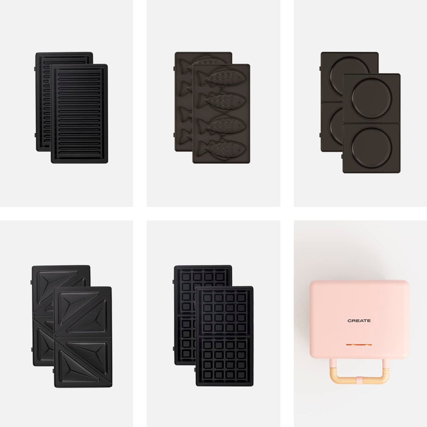 CREATE/STONE STUDIO/Sandwichmaker und Waffeleisen in Rosa-Barbie / 2 austauschbare Antihaftplatten, 1 Scheibe, 100º Offnung, BPA-frei, 105º Öffnung, Cool-Touch-Griff, 600W