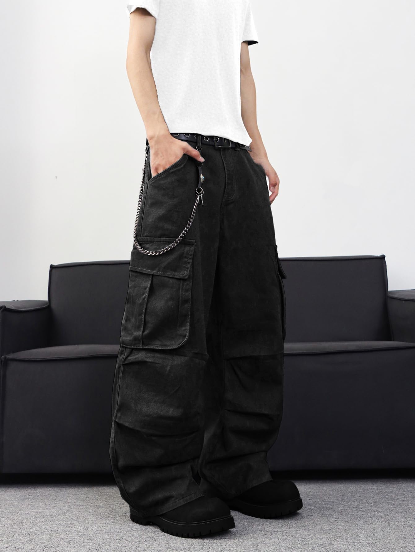Zewool Men’s Casual Wide-Leg Denim Cargo Pants – Medium Weight Baggy Jeans