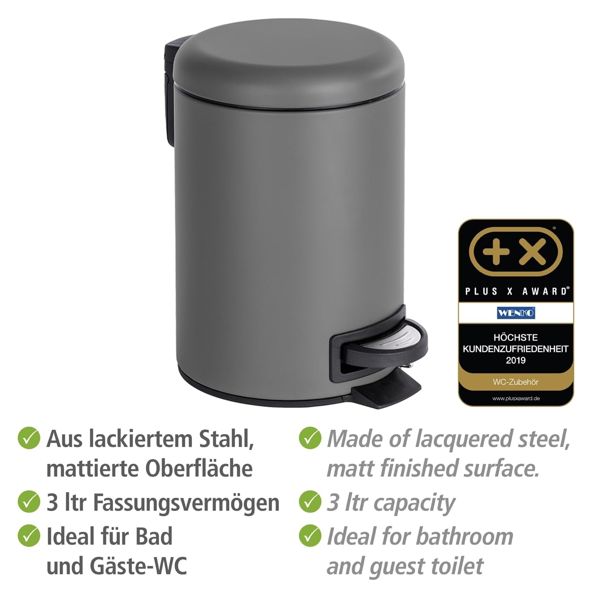 WENKO Treteimer Mod. Leman 3 Liter mit herausnehmbarem Einsatz aus lackiertem Stahl ideal für Badezimmer oder Küche 17 x 25 x 22,5 cm Schwarz matt
