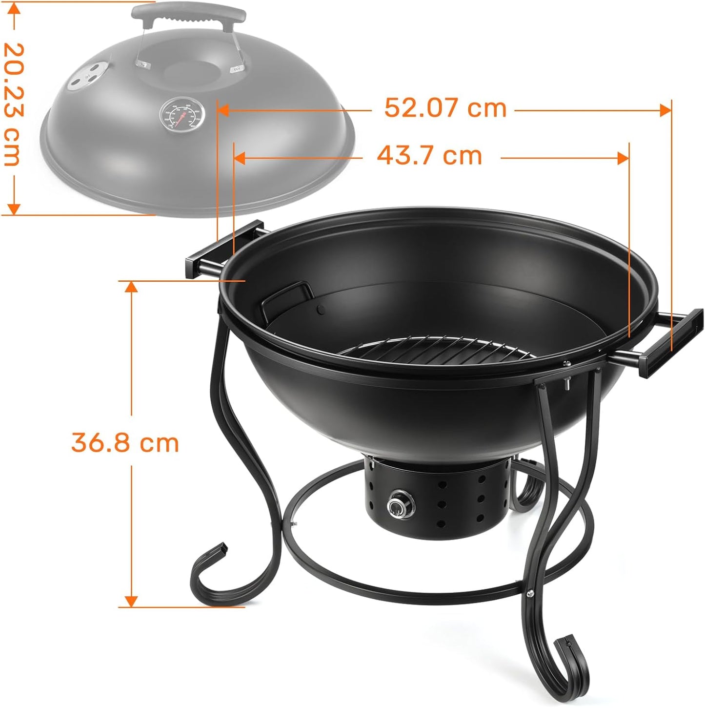 TOKTOO Portable charcoal grill with adjustable fan, Ø 44cm BBQ grill with lid, grill grate and thermometer, charcoal grill for barbecue camping, terrace, garden, charcoal grill