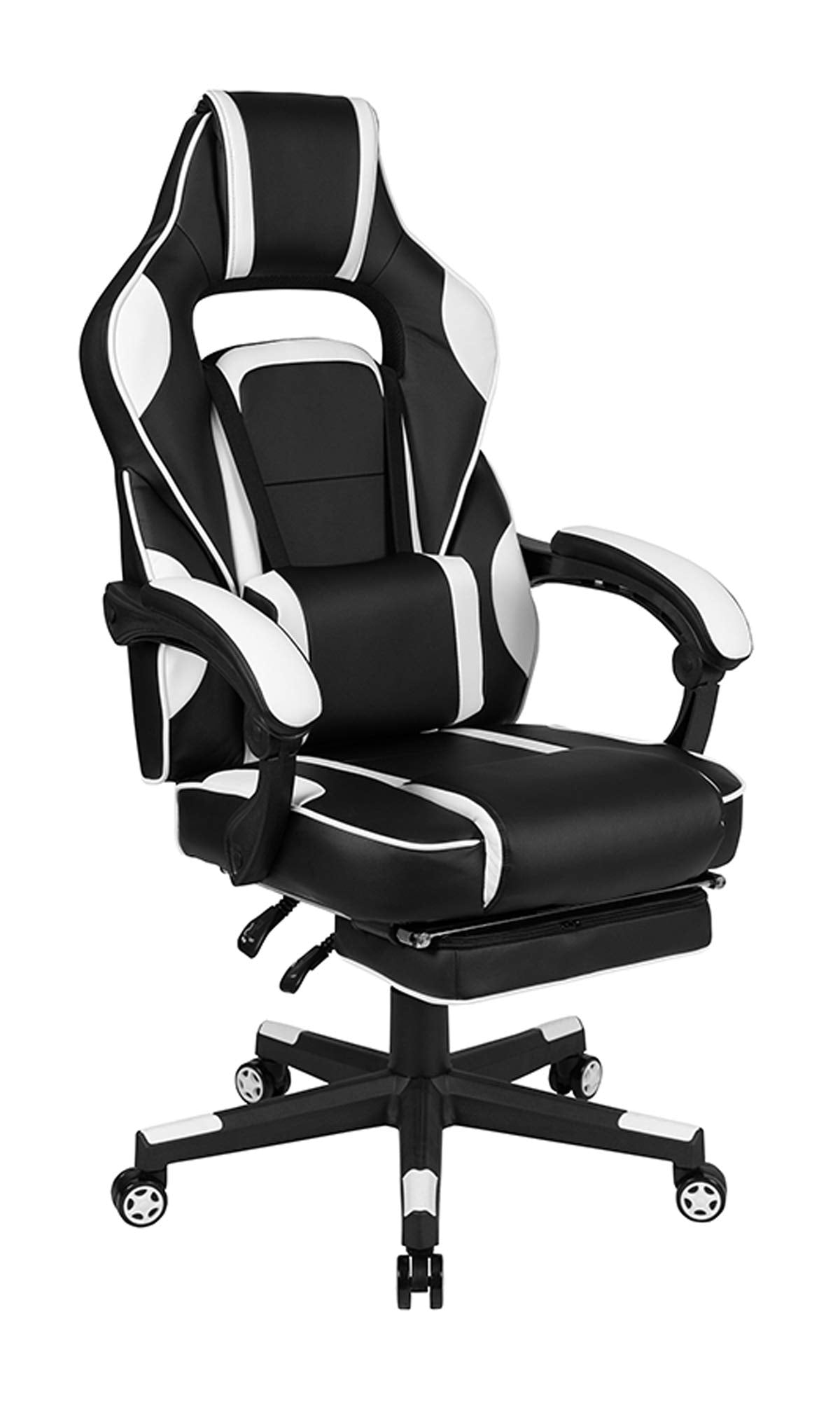 Flash Furniture X30 Gaming-Stuhl, ergonomischer Bürostuhl für PC- und Gaming-Setups, verstellbarer Rennsport-Stuhl mit vollständig verstellbarer Rückenunterstützung, schwarz mit weißer Verzierung