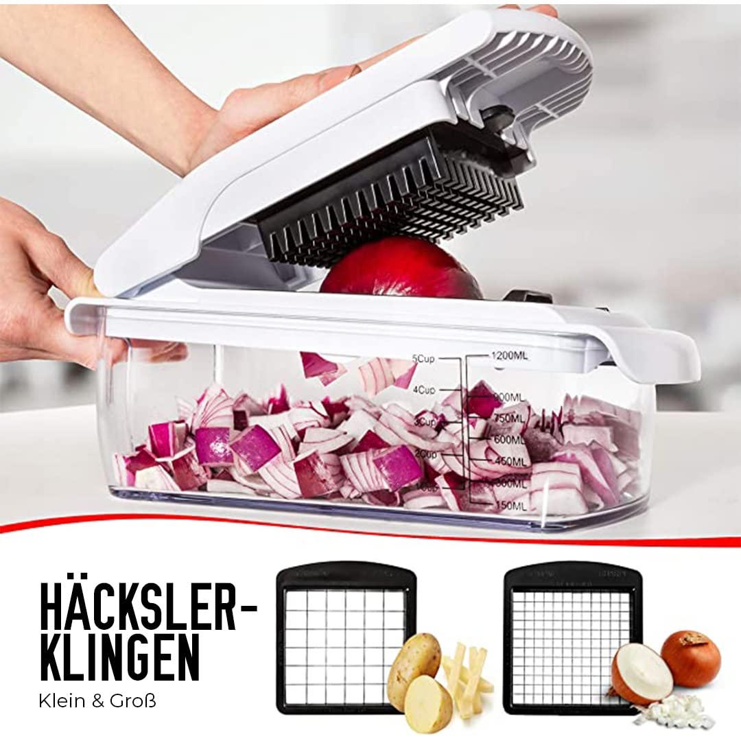 Gemüseschneider Mandoline Gemüsehobel - Gemüse Schneider Gurkenhobel Zwiebelschneider Kartoffelschneider Obstschneider - Reibe für Gemüse und Käse - Julienneschneider (6-in-1 Kompakt Weiß)