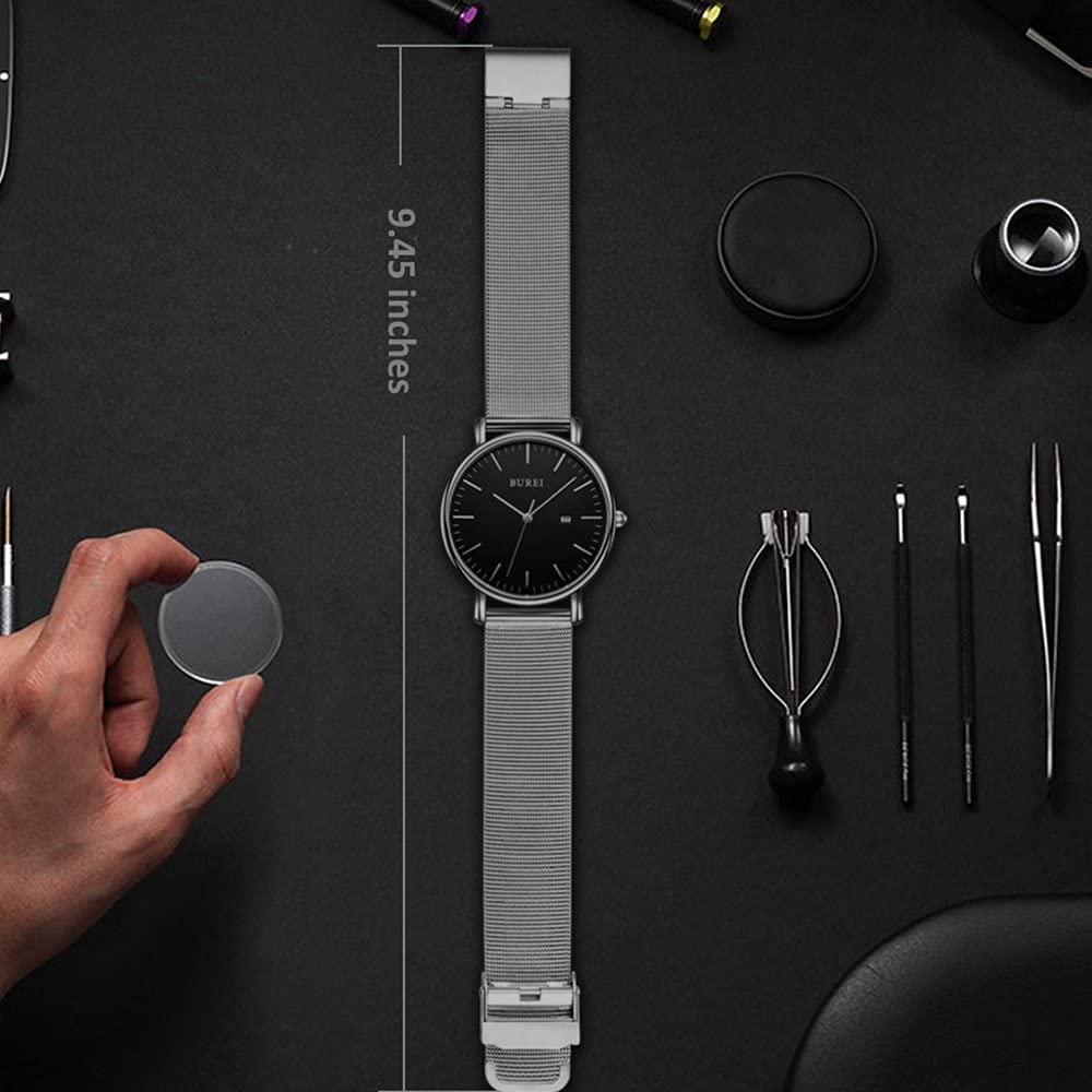 BUREI Ultra Dünne Uhren Herren Schwarze Analoges Datum Armbanduhr Herren mit Japanisches Quarzwerk, Geschenke für Männer