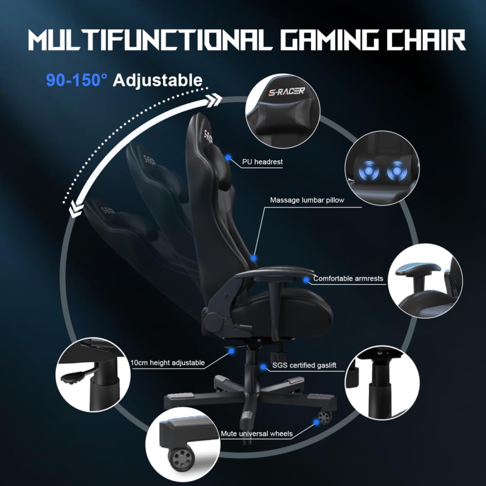 JUMMICO Massage Gaming Chair, Office Chair Ergonomic with Lumbar Support, Computer Chairs Racing Office Chairs Armchair, Height Adjustable Deck Chair Desk Chair 150kg Load Capacity, White