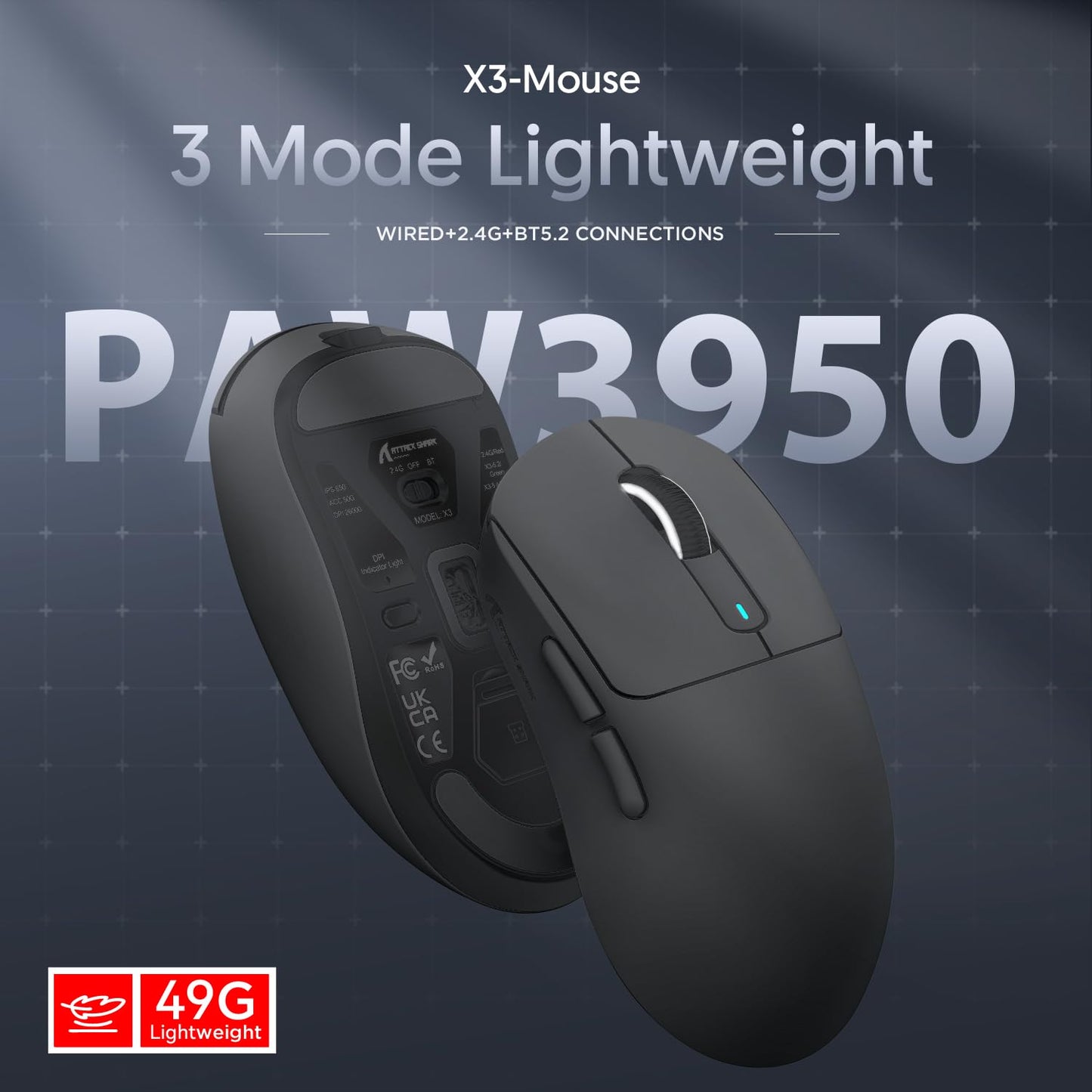 ATTACK SHARK X3 49g Ultralight Mouse, PixArt PAW3395 Gaming Sensor, BT/2.4G Wireless/Wired Gaming Mouse, 26000 DPI, 200 Hours Battery, Office Mice for Win11/Xbox/PS/Mac (White)