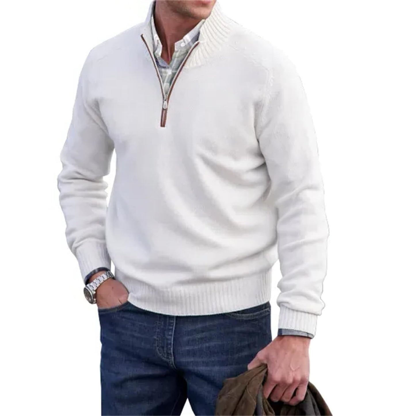 Men’s Cashmere Quarter-Zip Sweater – Soft Knit Stand Collar Pullover