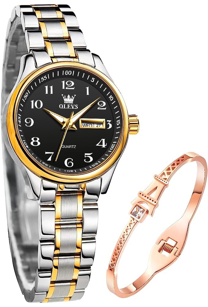 OLEVS Damenuhren Gold Silber Leicht zu Lesen Armbanduhren für Damen mit Kleines Gesicht Tag Datum Edelstahlband wasserdichte