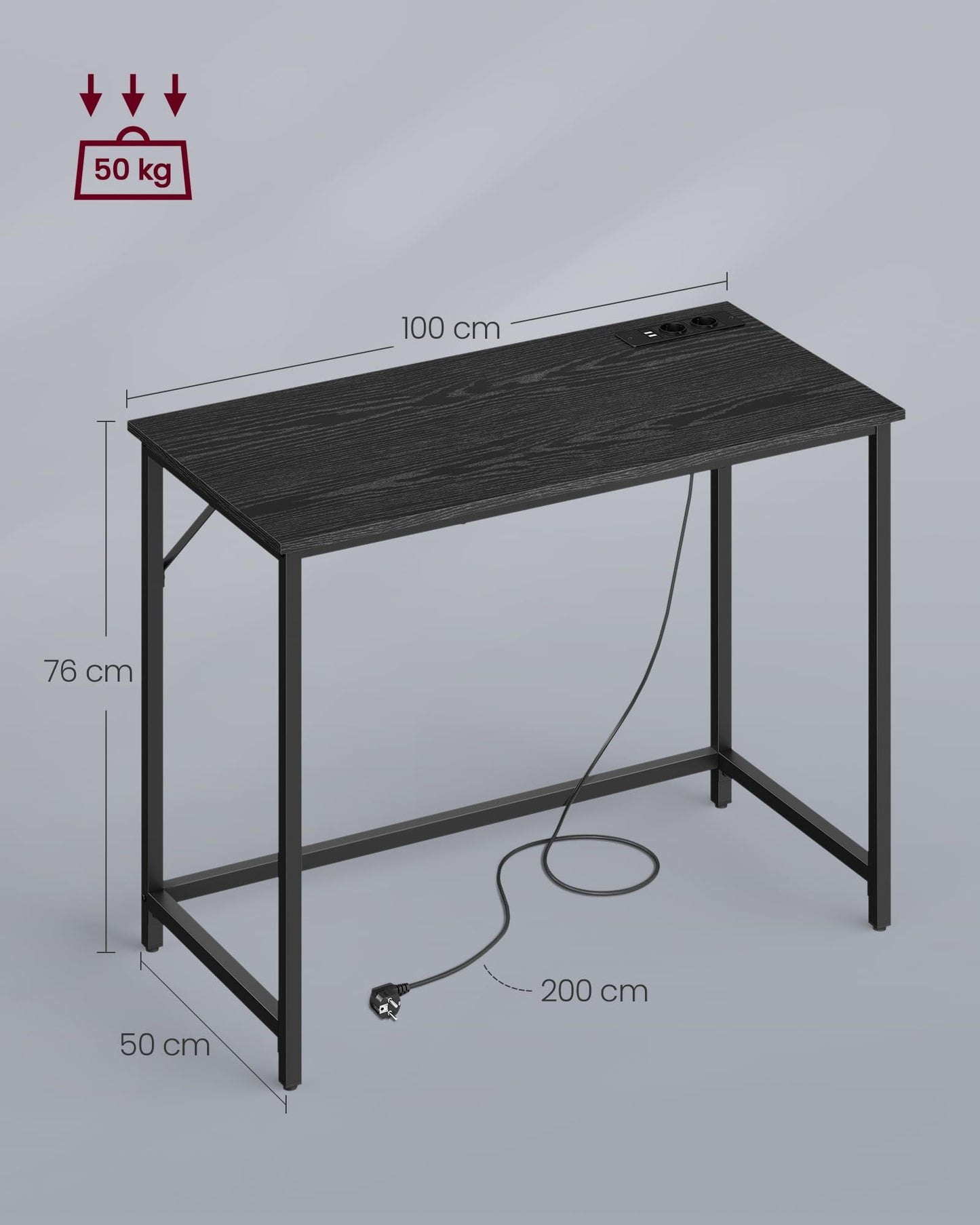 VASAGLE Schreibtisch, Gaming-Tisch mit LED-Beleuchtung, Steckdosenleiste, Computertisch, 50 x 100 x 76, platzsparend, für Arbeitszimmer, Homeoffice, vintagebraun-tintenschwarz LWD141B81