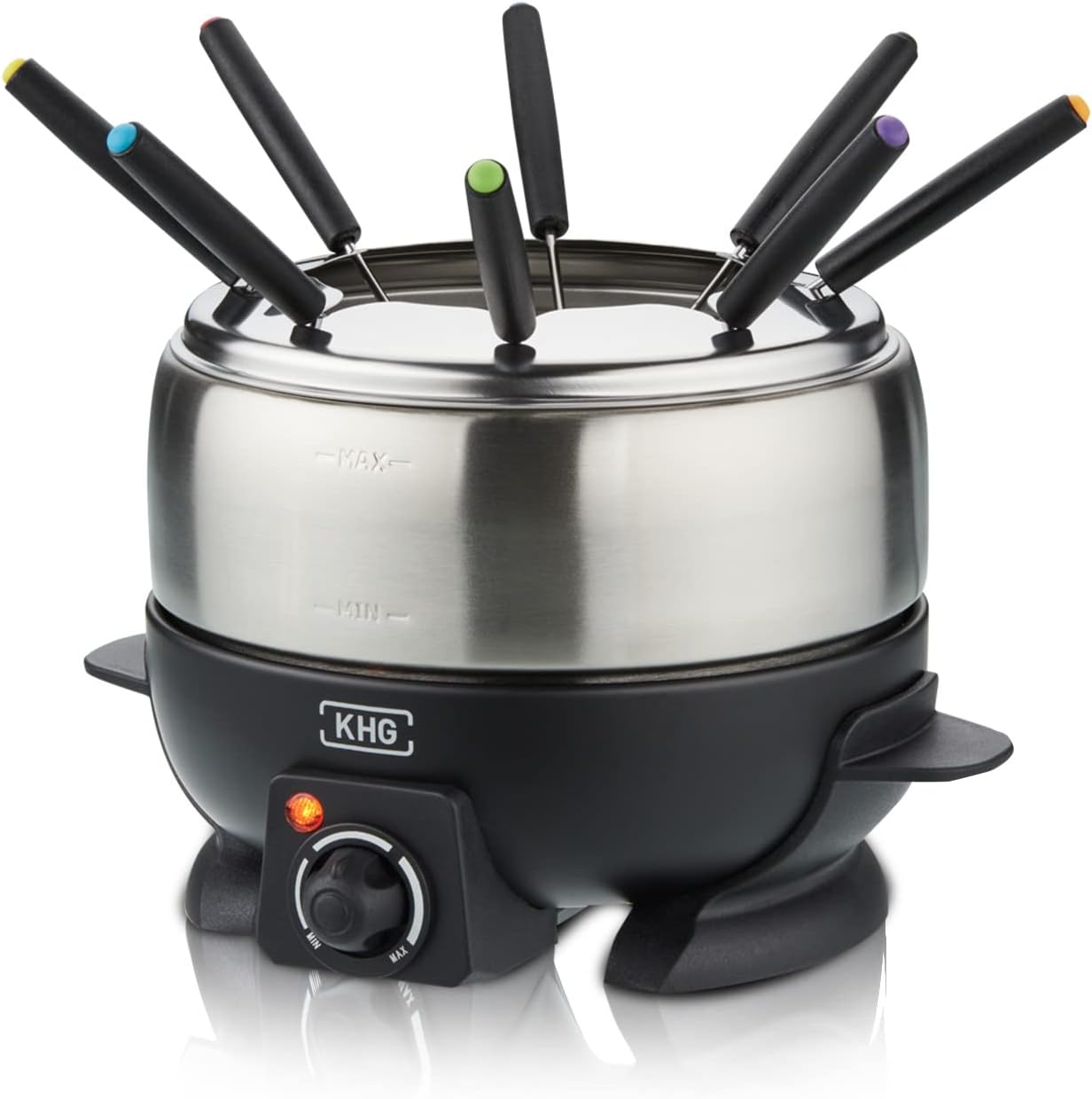 KHG Elektro-Fondue FO-800SE mit Edelstahl-Topf 1,8 L Silber für bis zu 8 Personen, variable Temperatureinstellung, 25x16cm Ideal für Fleisch, Käse oder Schokolade mit 8 Gabeln Spritzschutz 800 W
