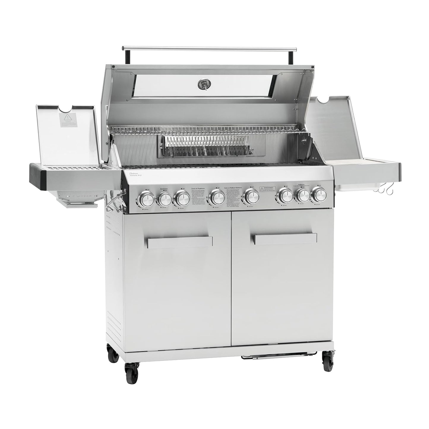 Taino Platinum Yamara Dark 6+2 Steel Gas Grill, 6 Burners, Ceramic Sear Burner, Ceramic Back Burner, Piezo Ignition, Cast Iron Cooking Grid