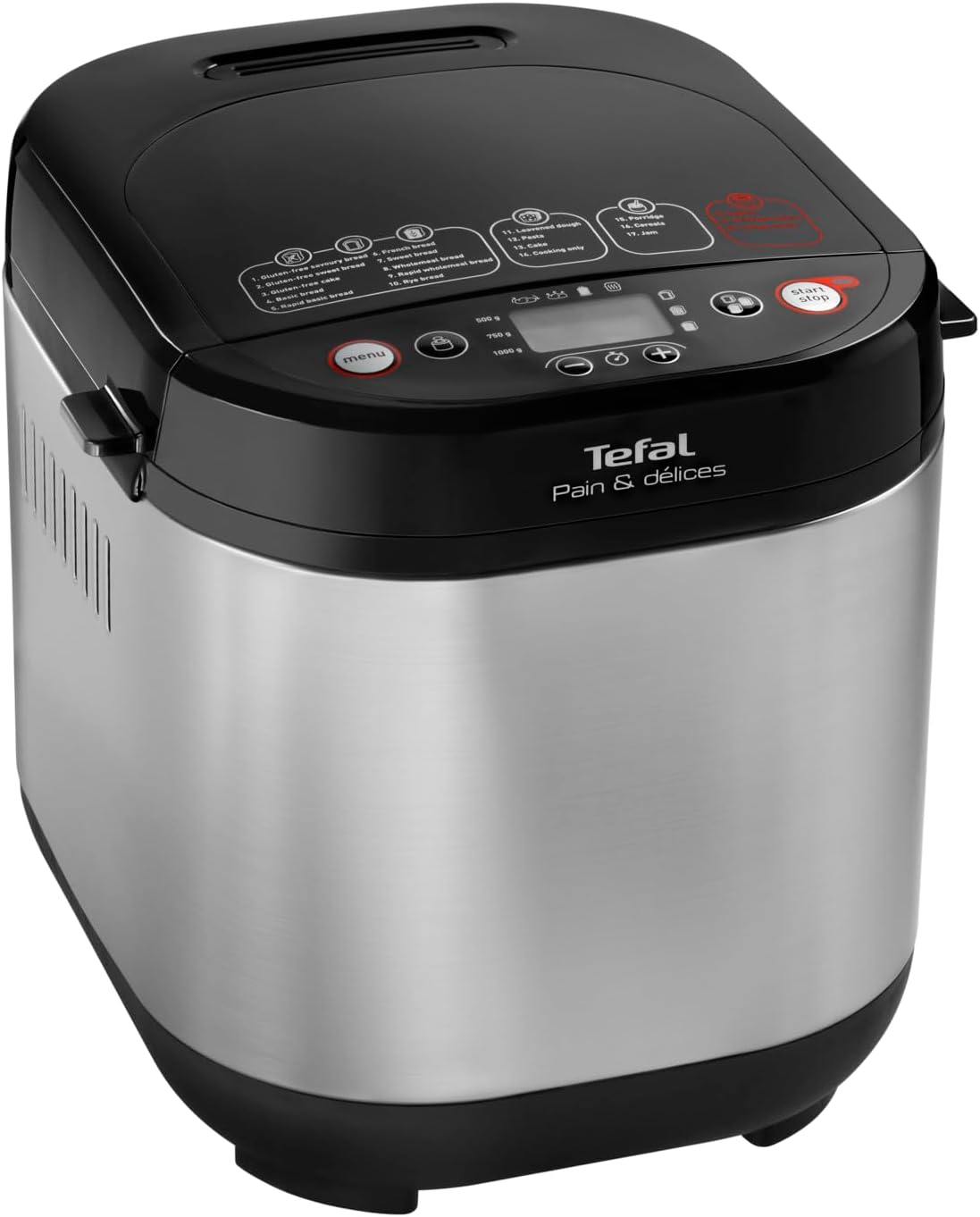 Tefal Brotbackautomat Pain & Délices, 20 Backprogramme, 3 Brotgrößen und Bräunungsstufen einstellbar, auch für Kuchen - Pizza - Nudelteig, Backform antihaftbeschichtet, schwarz/Edelstahl