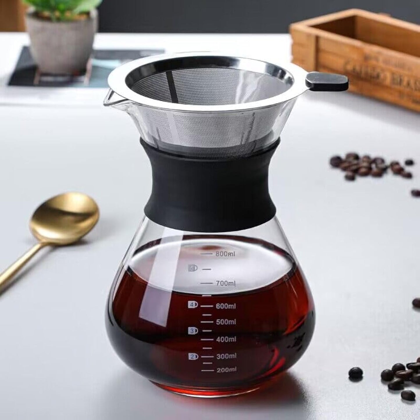 YunNasi Pour Over Kaffeebereiter Hand Kaffee Edelstahl Handfilter aus Glas mit Permanentfilter Schwarz