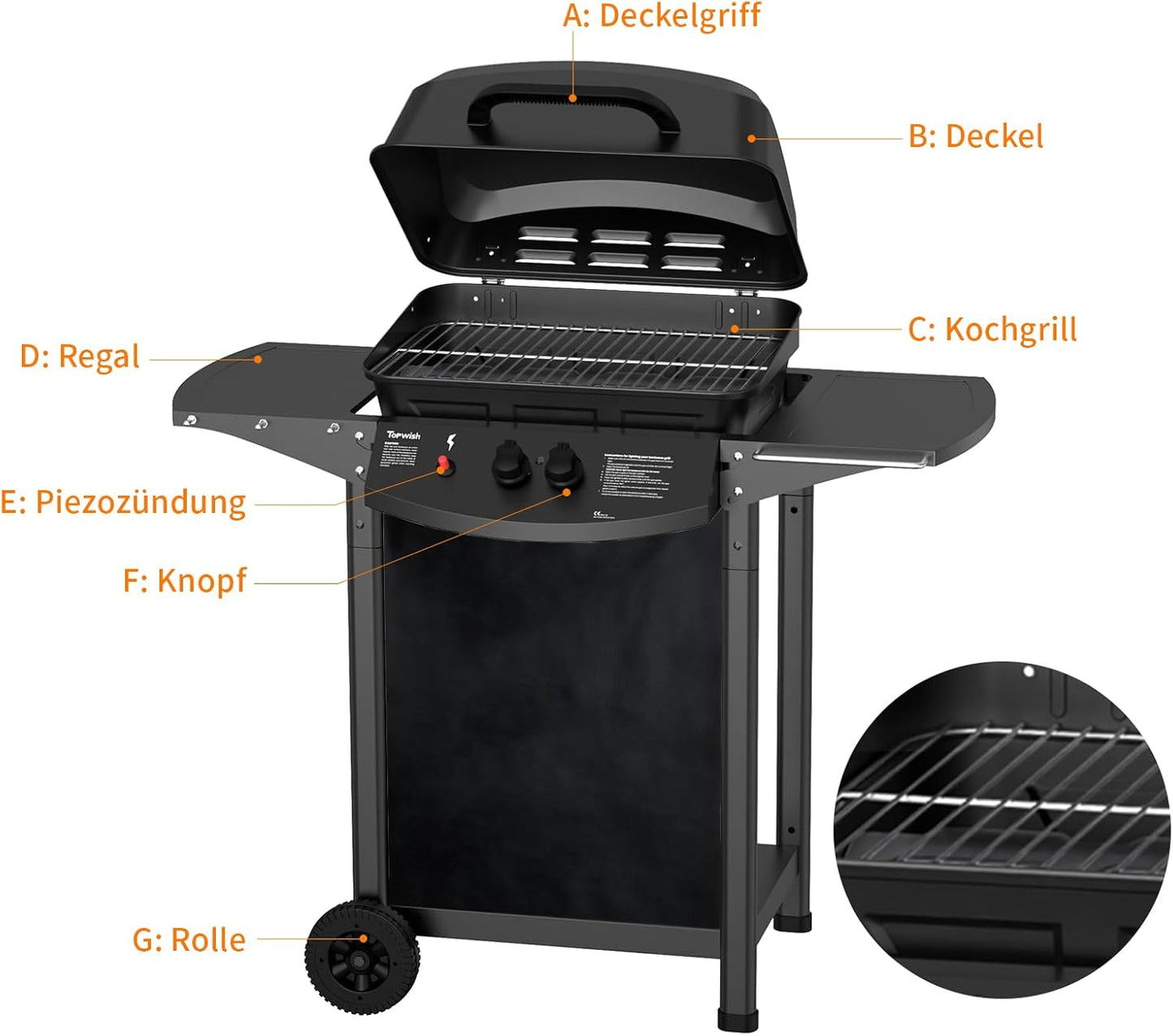 Topwish gas grill 2 burners, gas grill, small gas grill, gas grill balcony, outdoor grill, grill cart with pressure reducer and gas hose, 106.44*55.6*103.85 cm, suitable for DE, AT, SK, CH, LU, for 50 mbar, 6.0 kW