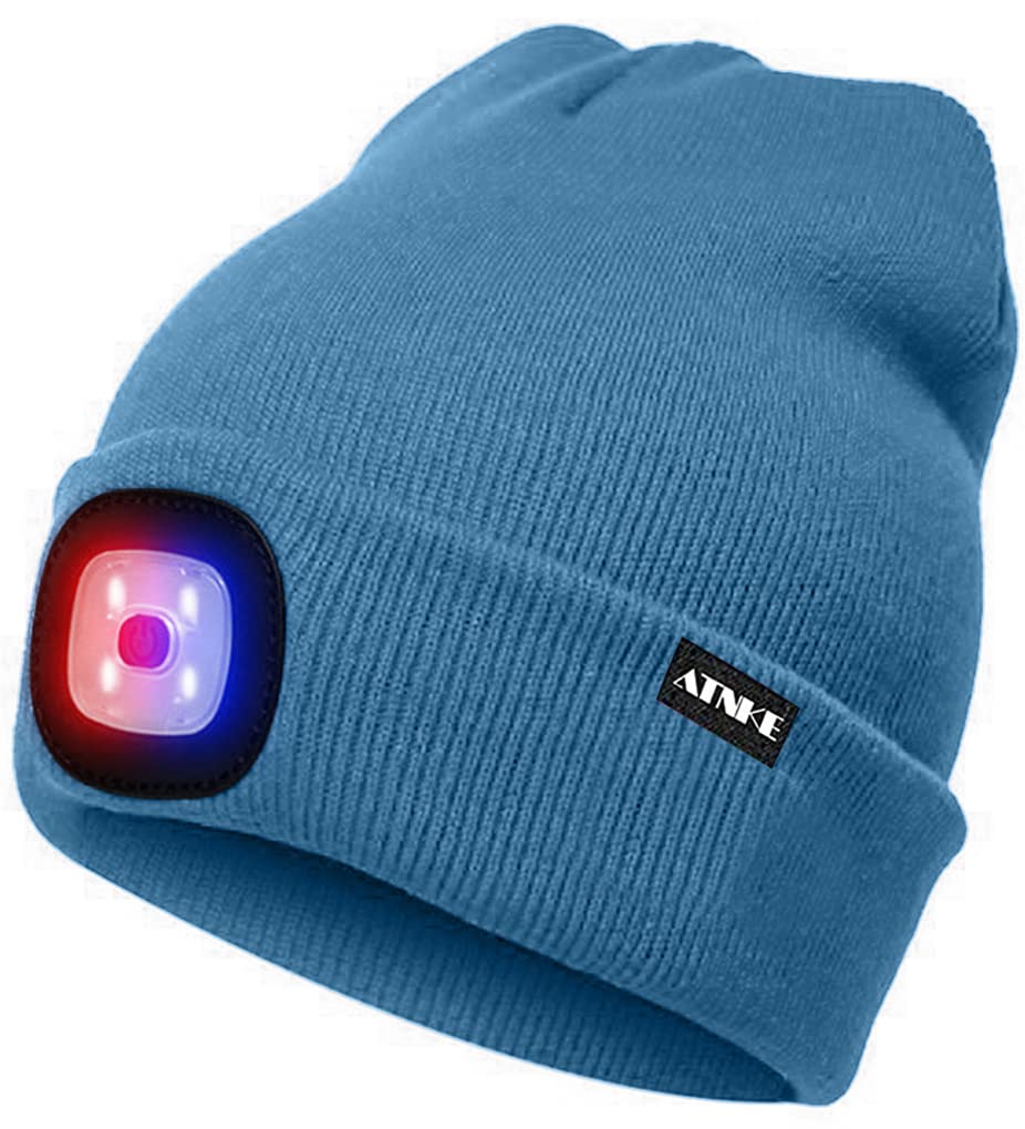 ATNKE LED Beleuchtete Mütze,Wiederaufladbare USB 4 LED Rot und Blau Leuchten Blinkender Laufmütze mit Licht Extrem Heller Lampe Winter Warme für Herren und Damen Geschenke