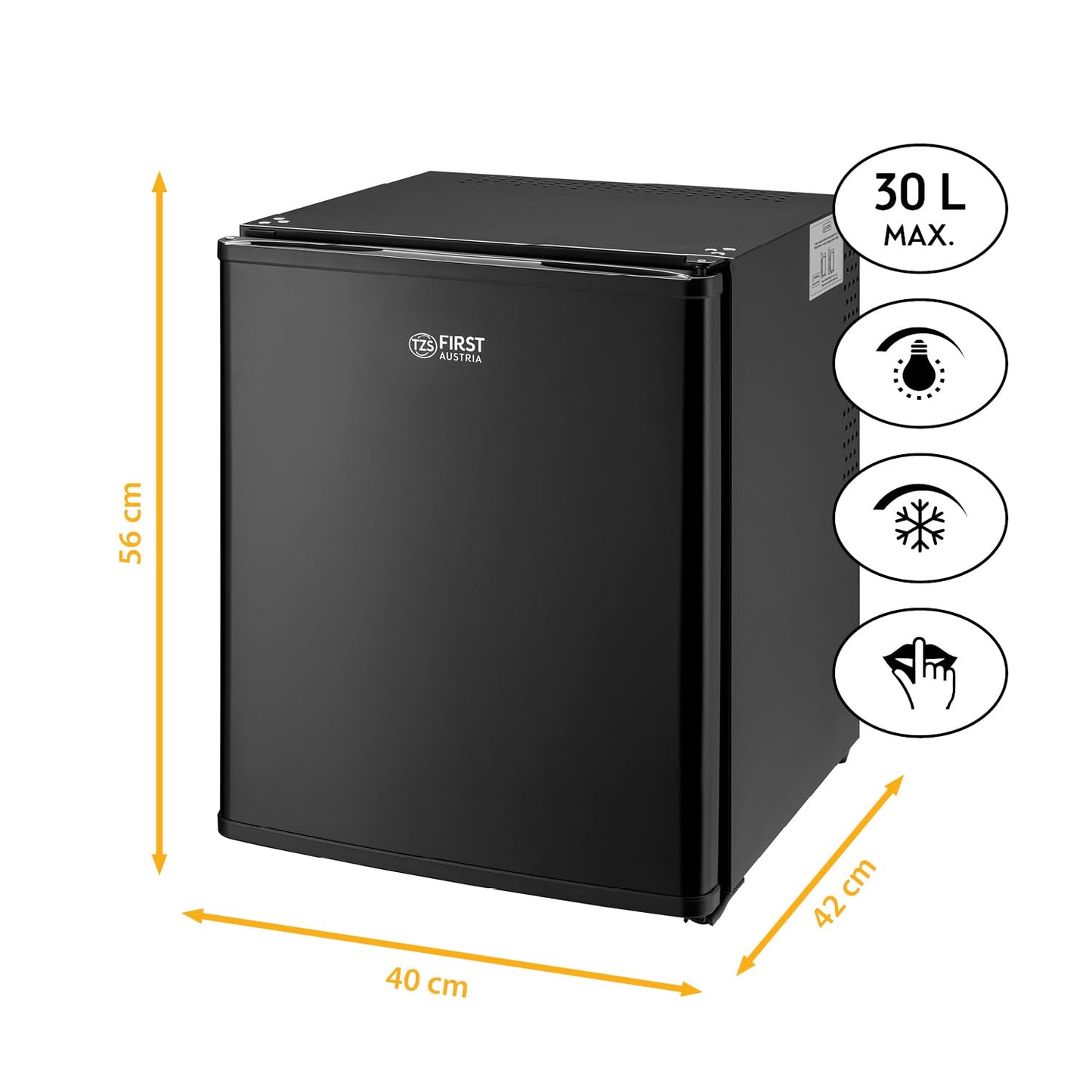 TZS First Austria - Mini fridge with lock, EEK A+, minibar, 0 dB noiseless, silent, bedroom, door hinges can be changed, approx. 4°C - 16°C, height 57cm, effective volume 35 L, interior lighting
