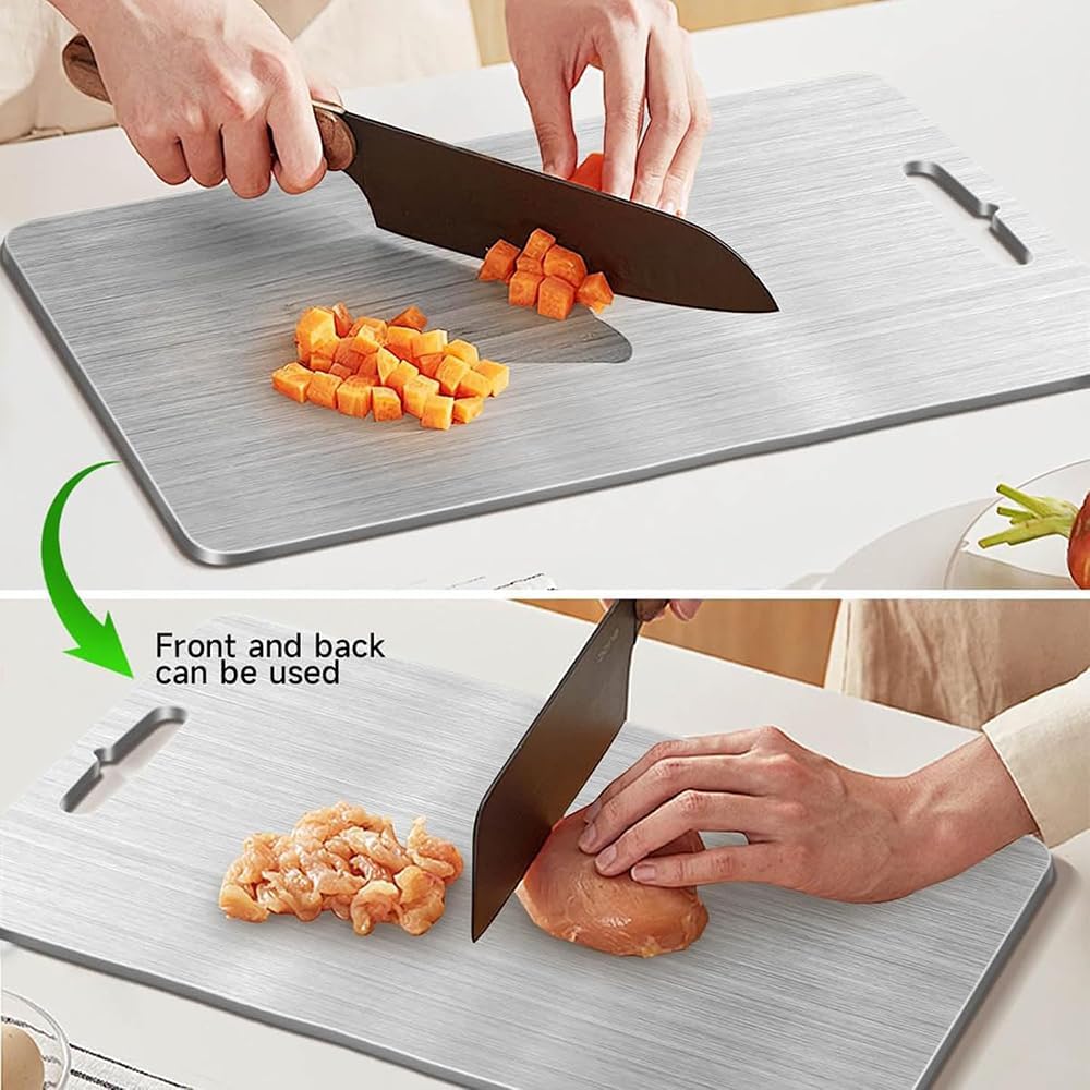 Schneidebrett-Titan, 2 Stücks Schneidbrett Edelstahls, Titaniums Schneidebrett, Doppelseitiges Schneidebretter, Küchenbrett Cutting-Board, Schneidebretter Küchenzubehör(34 x 23cm+25 x 15cm)