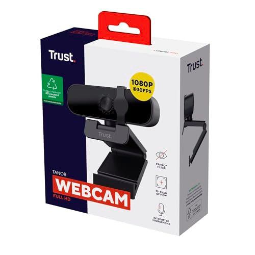 Trust Tanor 1080p Webcam PC, Full HD USB Web Cam mit Blickschutzfilter, PC Kamera mit Mikrofon, Fixfokus 30 FPS, 85% Recyclingkunststoff, Videokamera für Laptop Desktop Mac Windows Zoom Teams