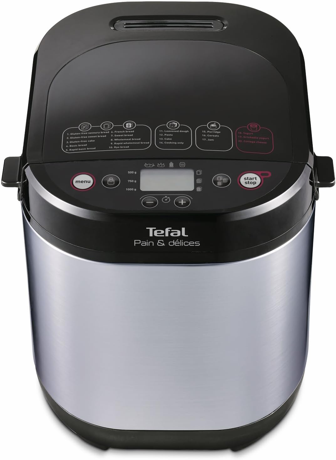 Tefal Brotbackautomat Pain & Délices, 20 Backprogramme, 3 Brotgrößen und Bräunungsstufen einstellbar, auch für Kuchen - Pizza - Nudelteig, Backform antihaftbeschichtet, schwarz/Edelstahl