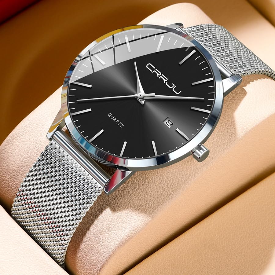 CRRJU Herren Uhr Ultra Dünne Wasserdicht Armbanduhr Herren Mode mit Schwarz Edelstahlband Mesh Analog Quarz Business Männer Uhren