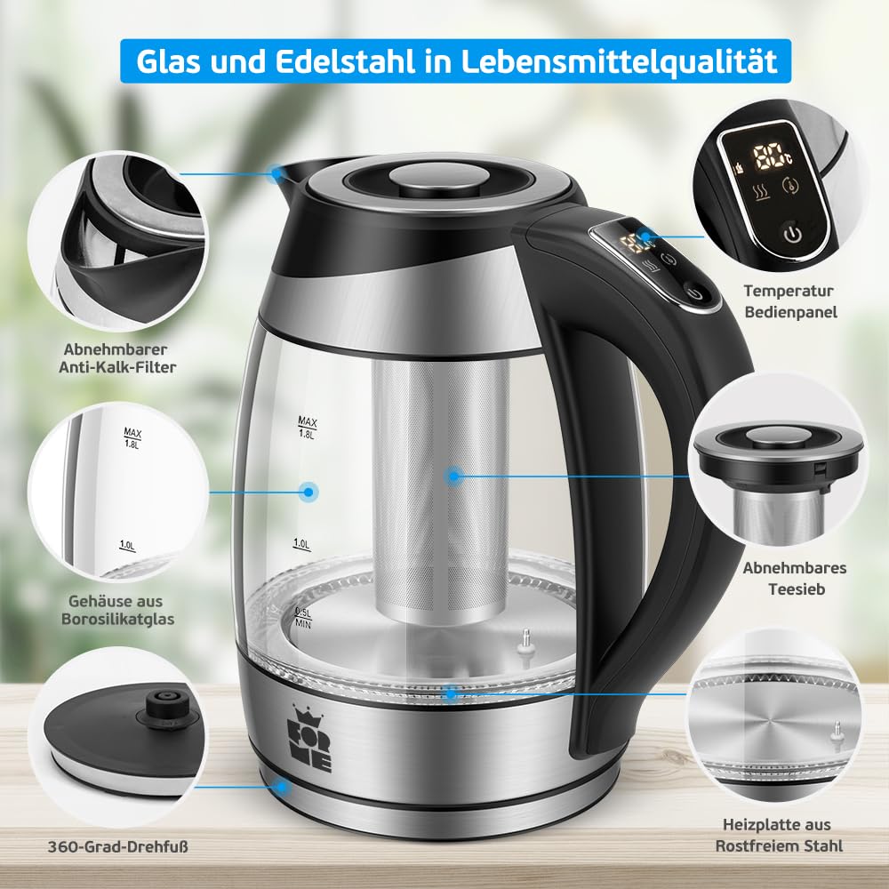 ForMe Glas Wasserkocher 1,8 Temperatureinstellung Temperaturwahl 40°C-100°C Farbwechsel LED I BPA FREI I Temperatur Einstellbar Teekocher Glaskessel Teekessel Glaswasserkocher mit Warmhaltefunktion