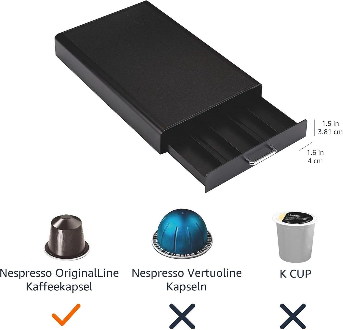 Amazon Basics 1 Schubladenbox zur Aufbewahrung von Nespresso Originalline Kaffeekapseln, Kunststoff, Fassungsvermögen: 50 Kapseln, Belastbarkeit 4,5 kg, Schwarz