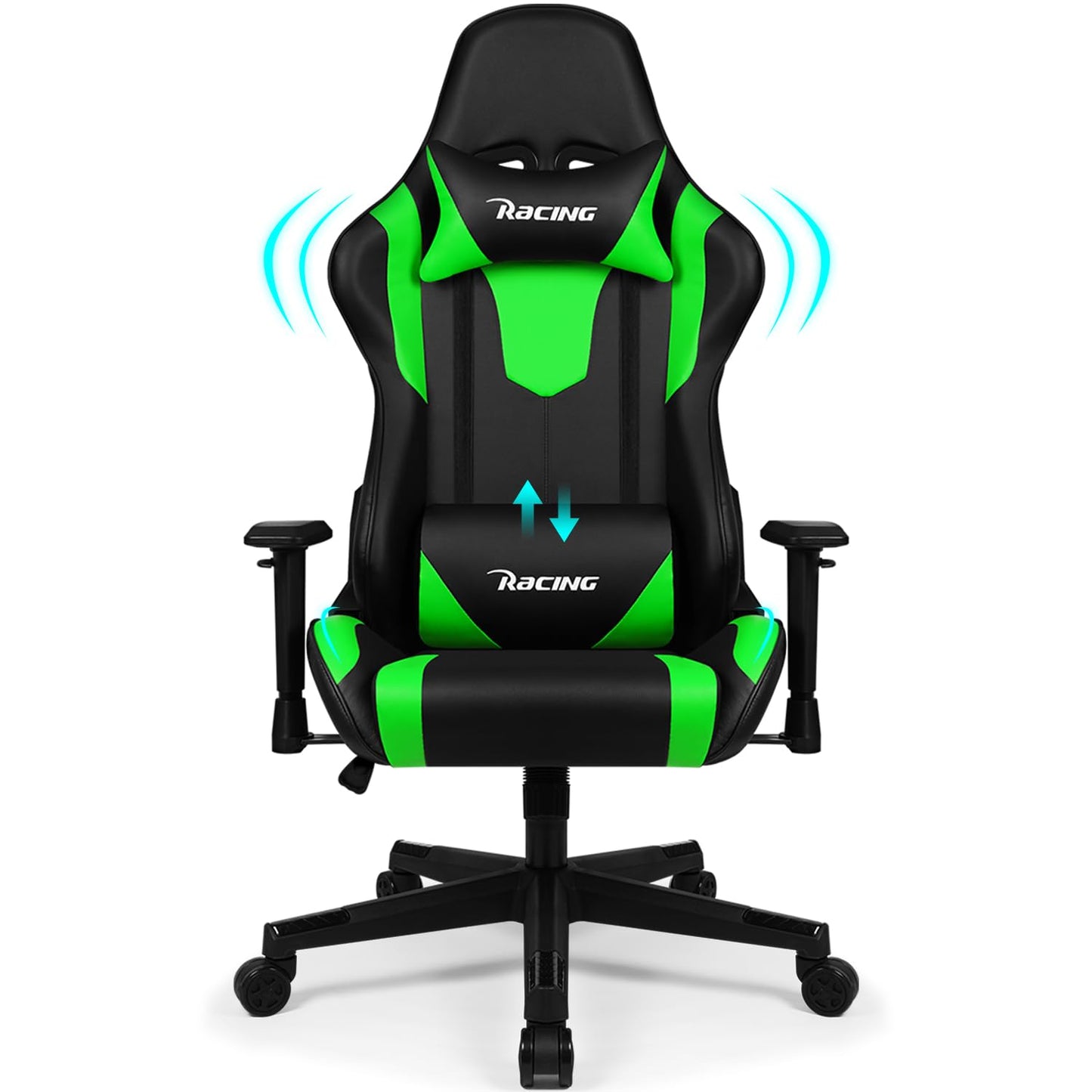 Homimaster Gaming Chair, Ergonomic Office Chair with Adjustable Lumbar Cushion, Head Cushion and Armrests, Padded Gaming Chair, Gamer Chair with Rocking Function, Gaming Chair 150 kg Load Capacity