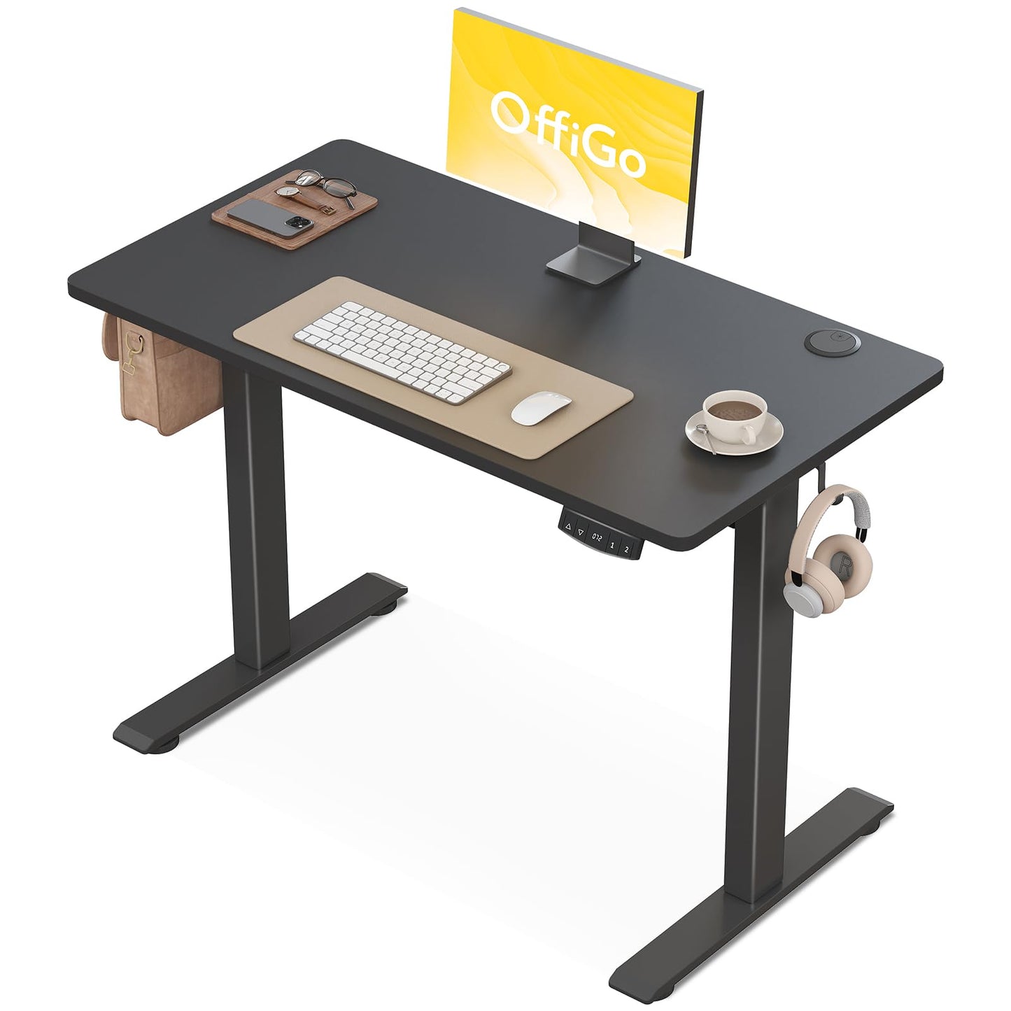 OffiGo Höhenverstellbarer Schreibtisch, 180cm, Elektrischer Schreibtisch mit USB, Schreibtisch Höhenverstellbar mit 2 Memory Funktion, Tisch Höhenverstellbar für Büro, Zuhause, Gaming, Schwarz