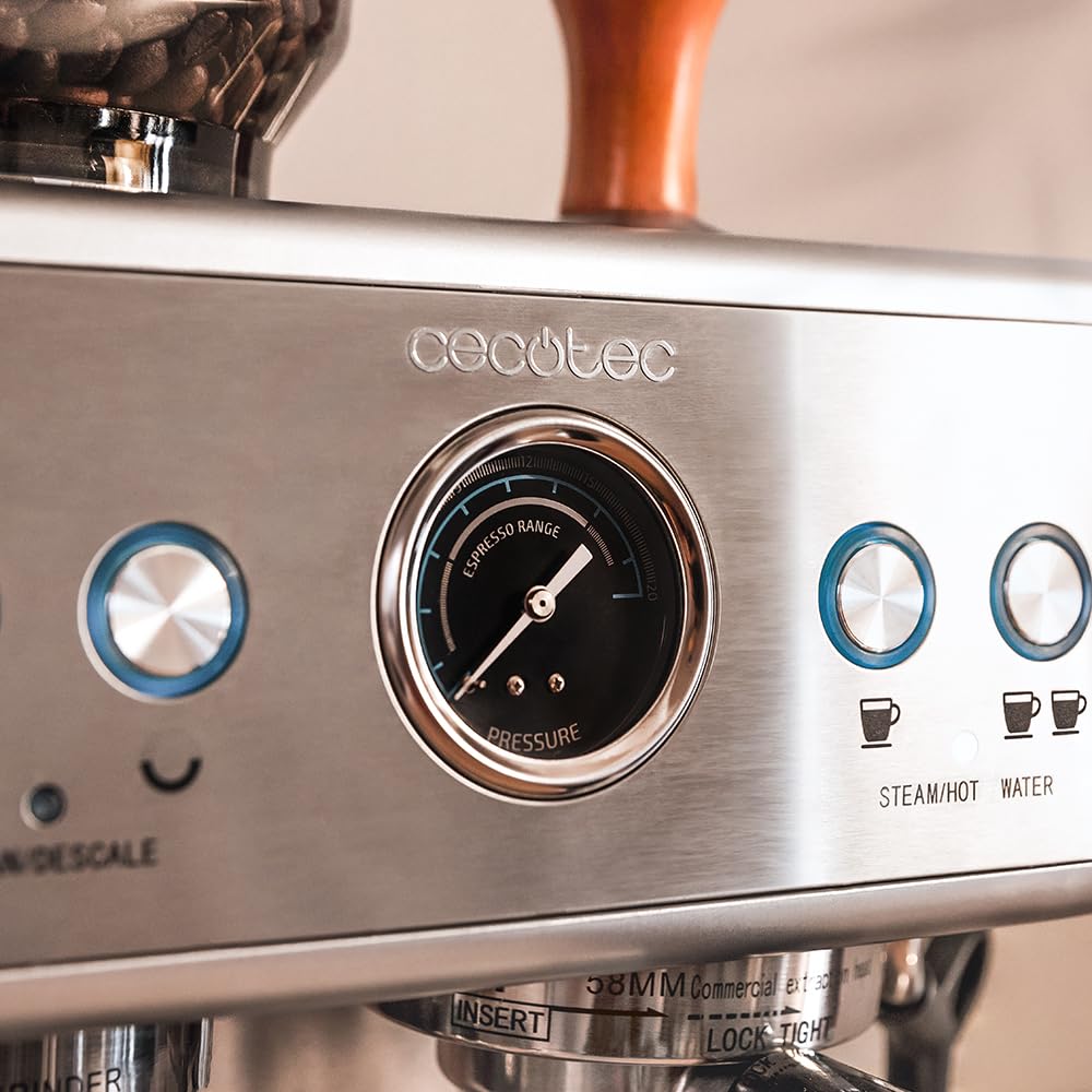 Cecotec Espressomaschine Barista Power Espresso 20 Barista Maestro, 2250 W, 20 Bar, Manometer und 2 Thermoblocks, Kaffeebohnenbehälter, 20-stufiges Mahlwerk, Dampfauslass