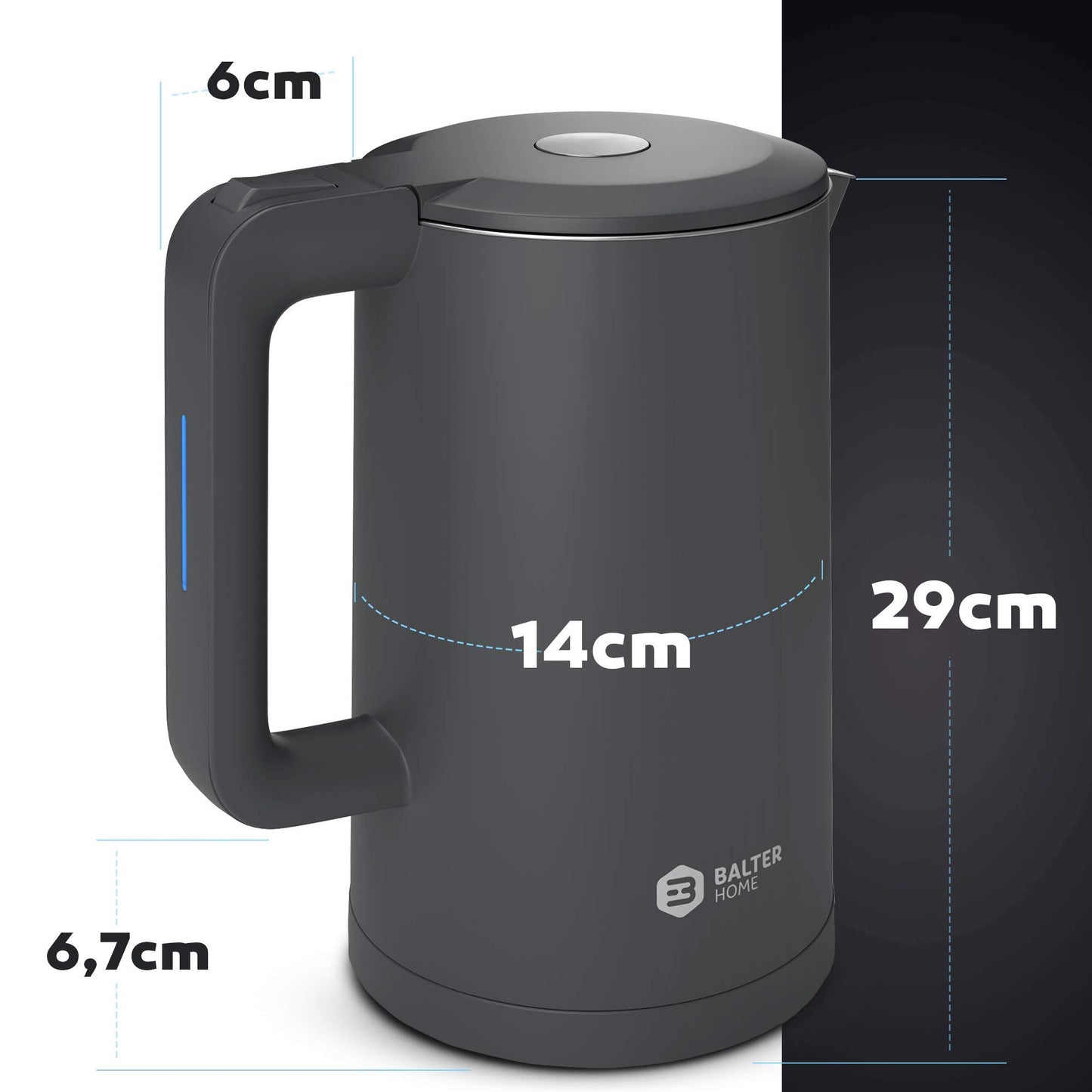 Balter Wasserkocher Edelstahl WK-4, 1,7 Liter, elektrischer Wasserkocher, Doppelwand Design, BPA frei, LED, Teekocher Kompakt, leise (Schwarz)