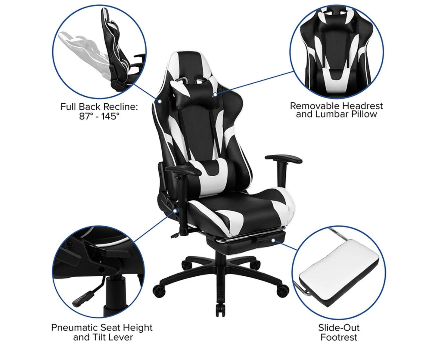 Flash Furniture X30 Gaming-Stuhl, ergonomischer Bürostuhl für PC- und Gaming-Setups, verstellbarer Rennsport-Stuhl mit vollständig verstellbarer Rückenunterstützung, schwarz mit weißer Verzierung