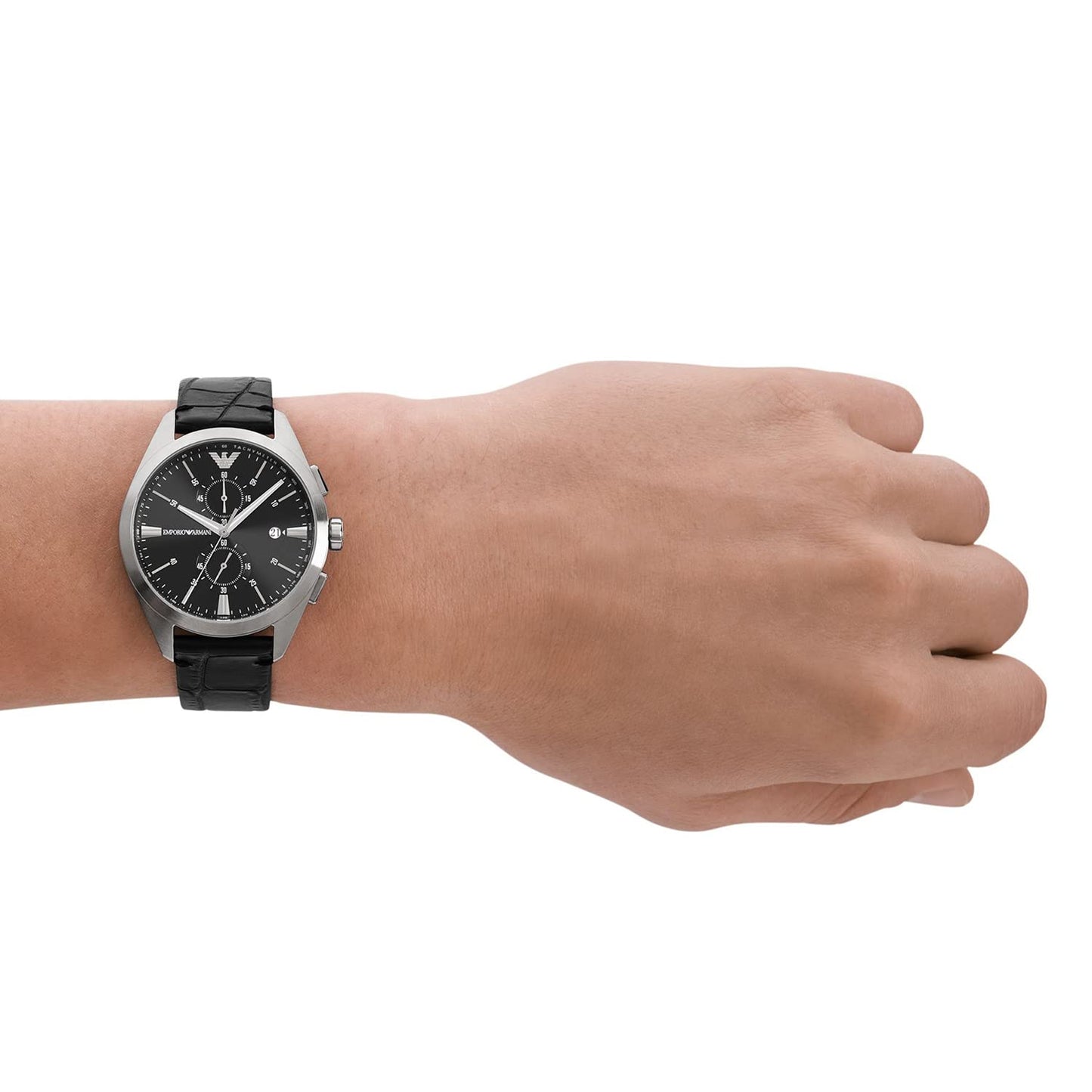 Emporio Armani Uhr für Männer, 2 Unterzifferblätter Chronographenwerk und 43mm Gehäusegröße mit Edelstahl-, Leder- oder Silikonarmband