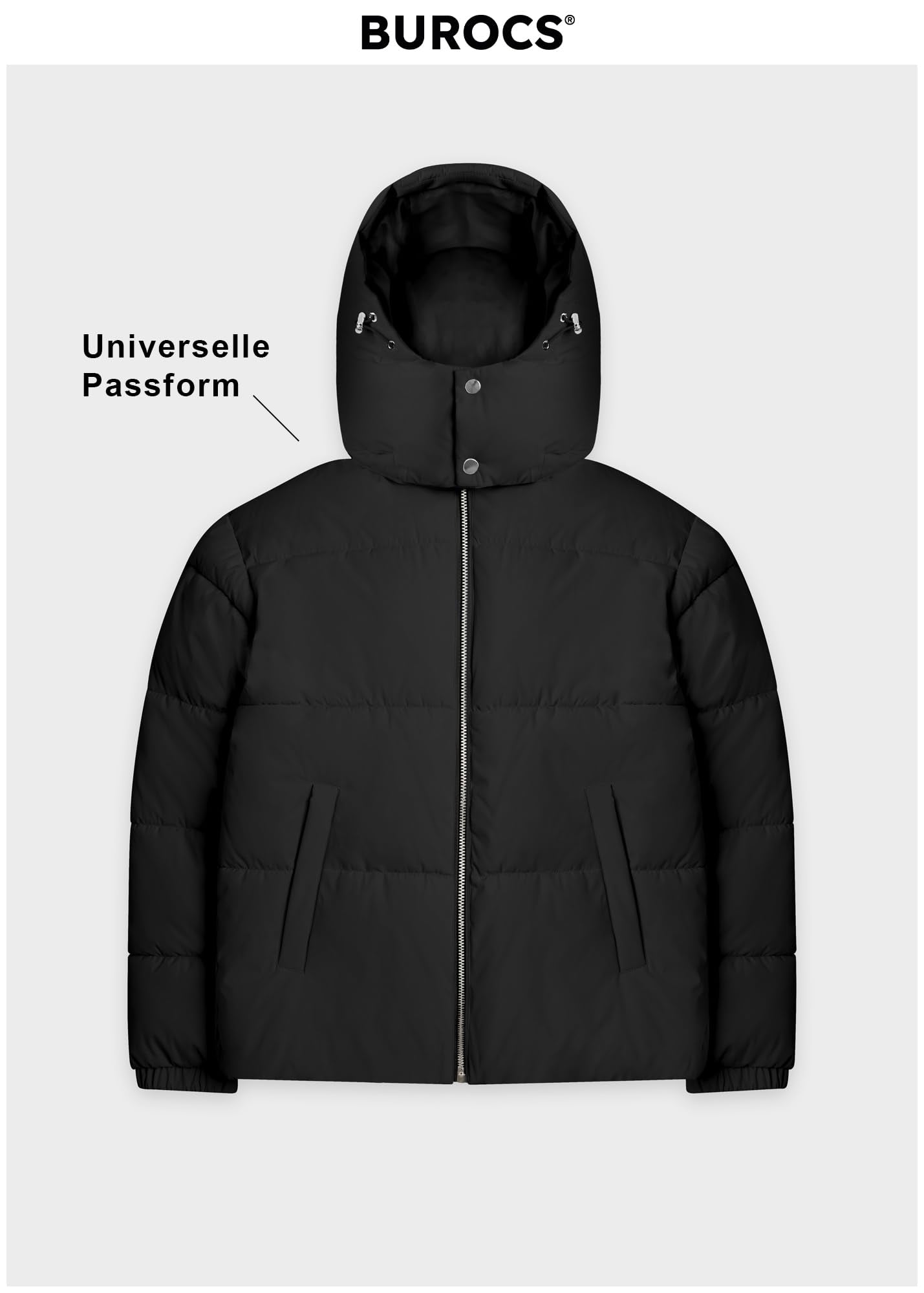 Burocs Hooded Puffer Jacket - Black - Jacke Herren - 2-Wege-Reißverschluss - abnehmbare Kapuze - Logo am Rücken - Kordelzug