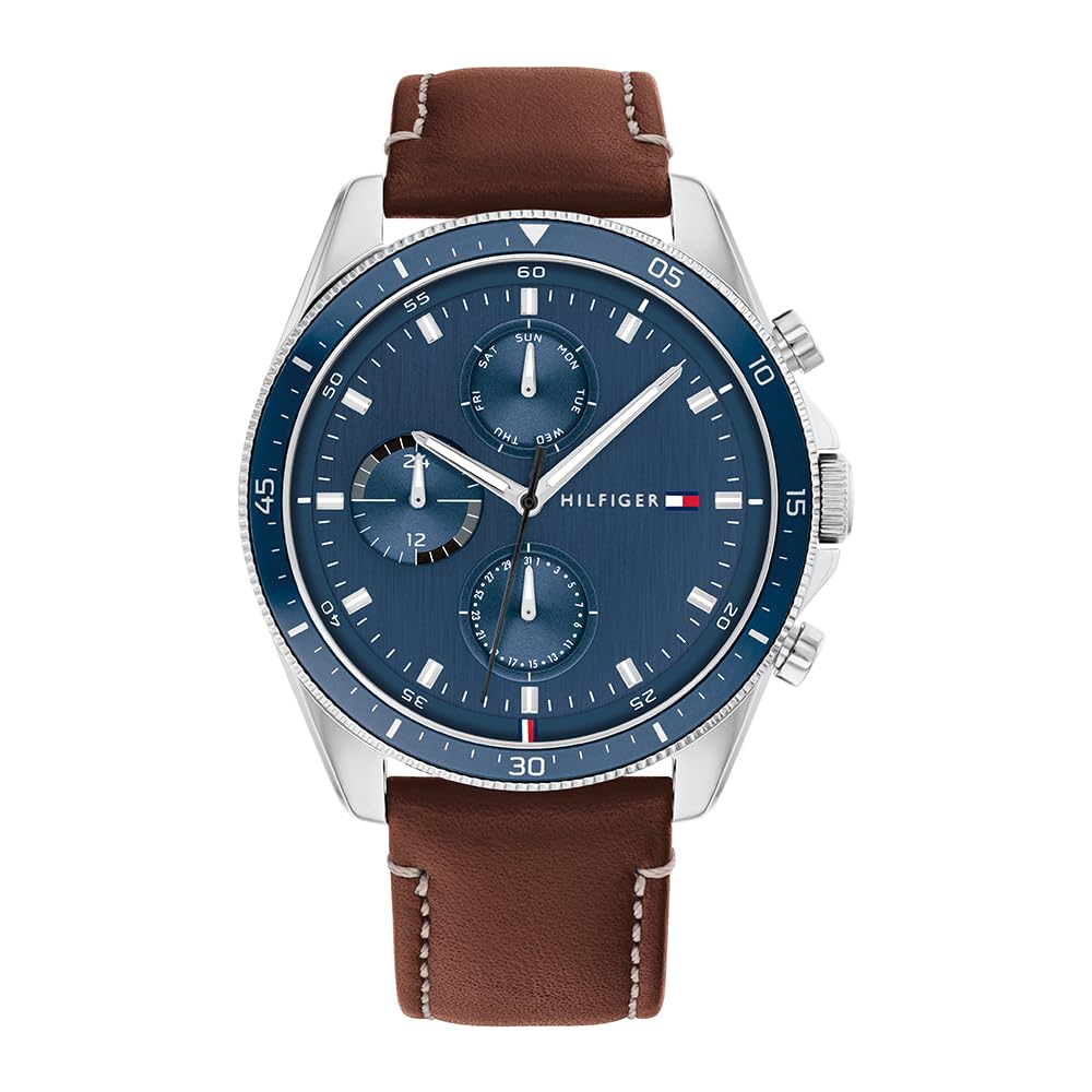 Tommy Hilfiger Multi Zifferblatt Quarz Uhr für Herren mit Edelstahl-und Lederarmband