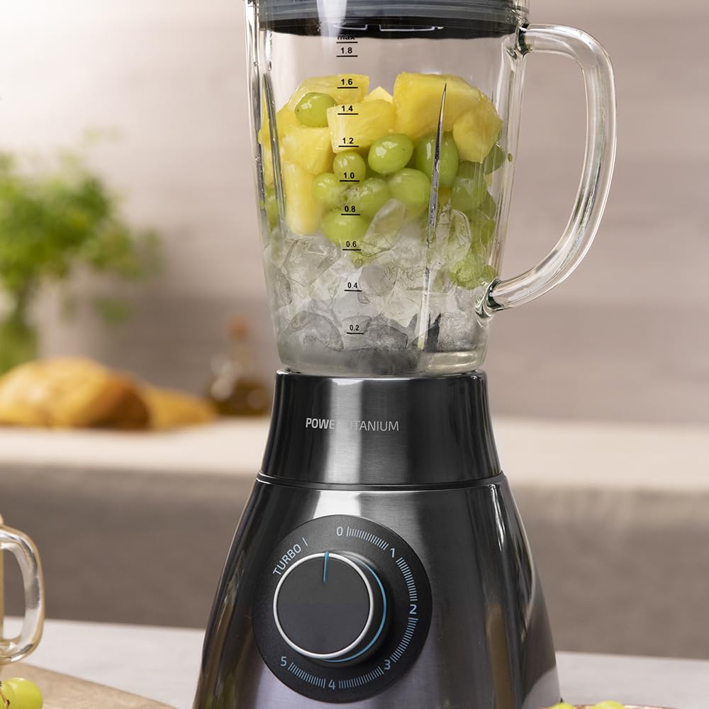 Cecotec Standmixer Power Black Titanium 1800MAX Blend It, 1800 W maximale Leistung, 5 Geschwindigkeiten, 6 Klingen aus Edelstahl, Ice-Crush-Funktion, Turbo- und Smoothie-Funktion, AutoClean-Funktion