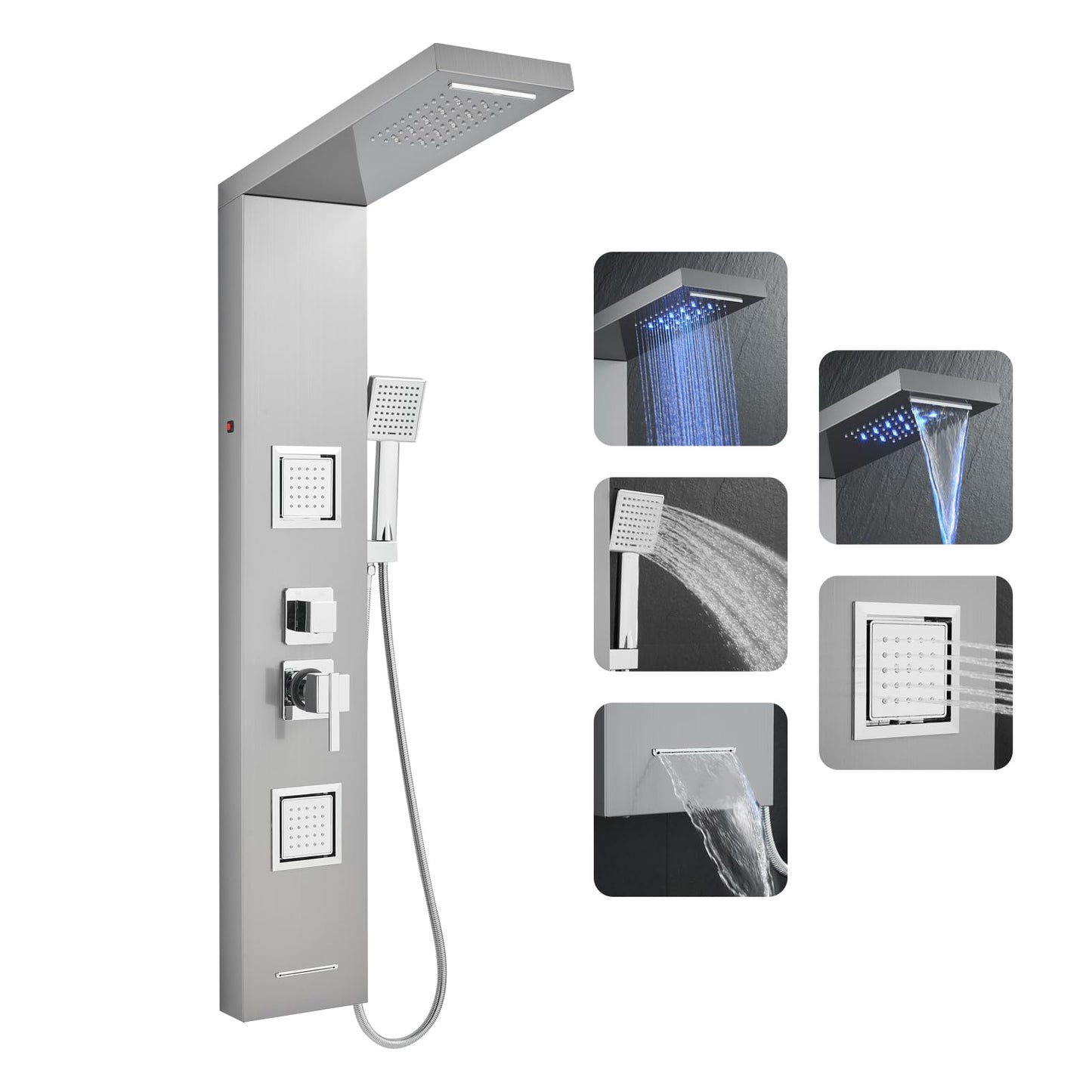LED Duschpaneel mit Thermostat, OUGOO 6 Funktionen Duschpaneel mit Armatur, Regendusche, Wasserfalldusche, 2-Typ-Massagedüsen, Handbrause und Badewanneneinlauf, 304 Edelstahl, Schwarz