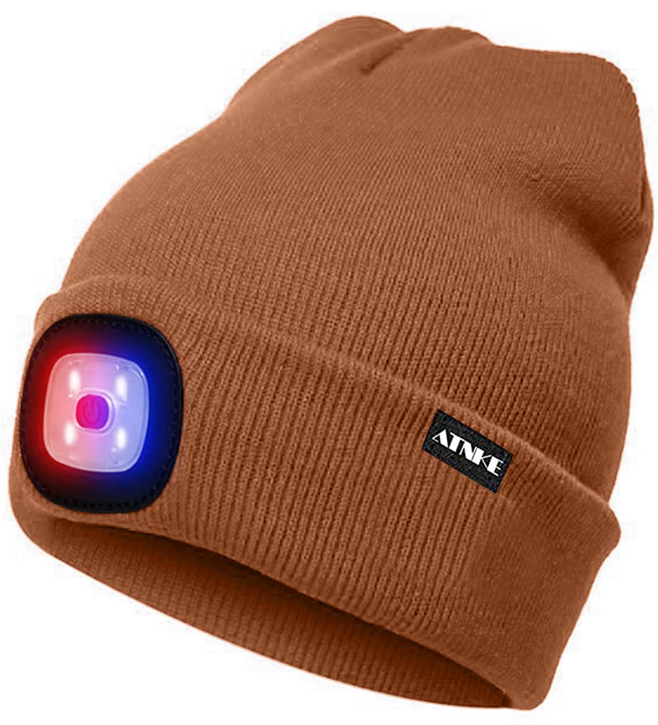 ATNKE LED Beleuchtete Mütze,Wiederaufladbare USB 4 LED Rot und Blau Leuchten Blinkender Laufmütze mit Licht Extrem Heller Lampe Winter Warme für Herren und Damen Geschenke