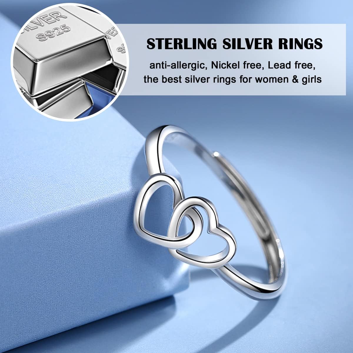 925 Sterling Silver Heart Ring – Adjustable Silver Jewelry for Women