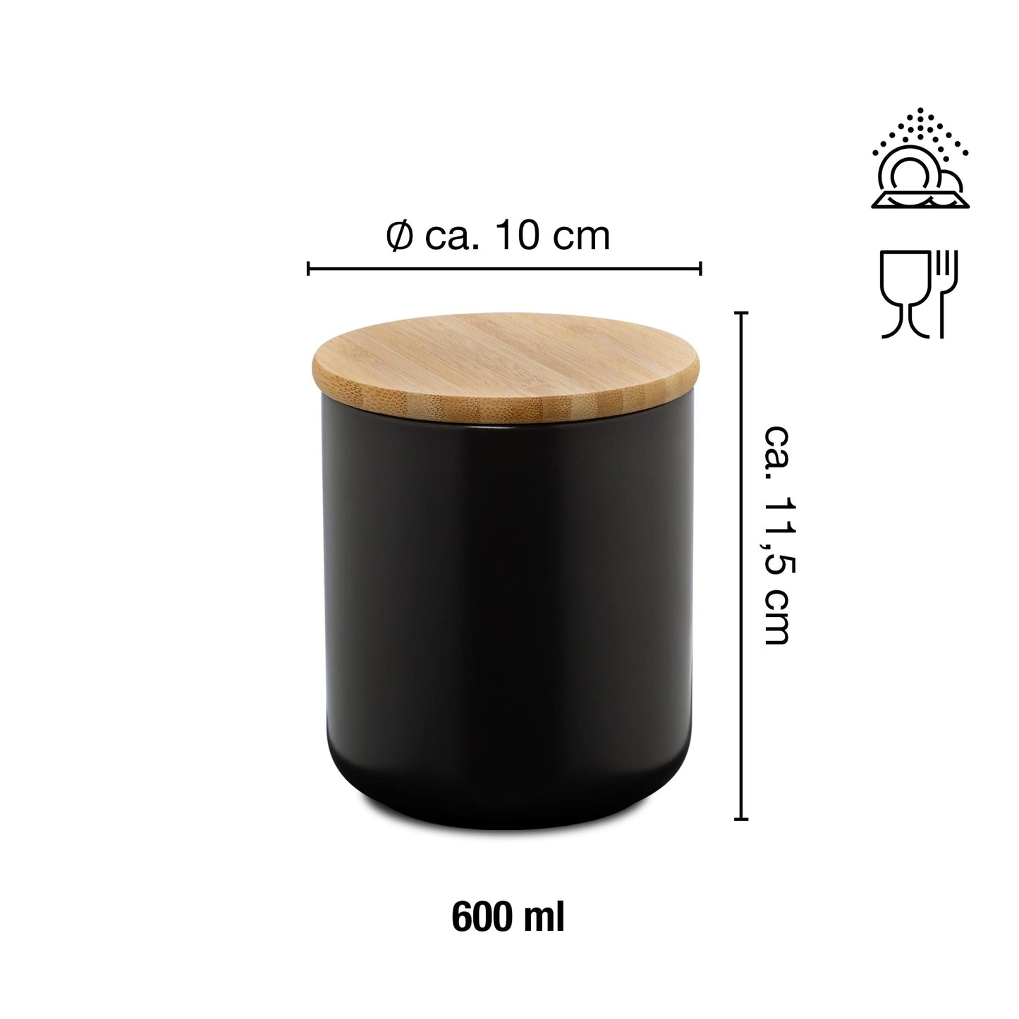 Moritz & Moritz 3x Vorratsdosen Schwarz 400ml, 600ml & 900 ml - Beschreibbar – 3x Keksdosen Keramik mit Deckel aus Bambus – Keramik Aufbewahrungsdose