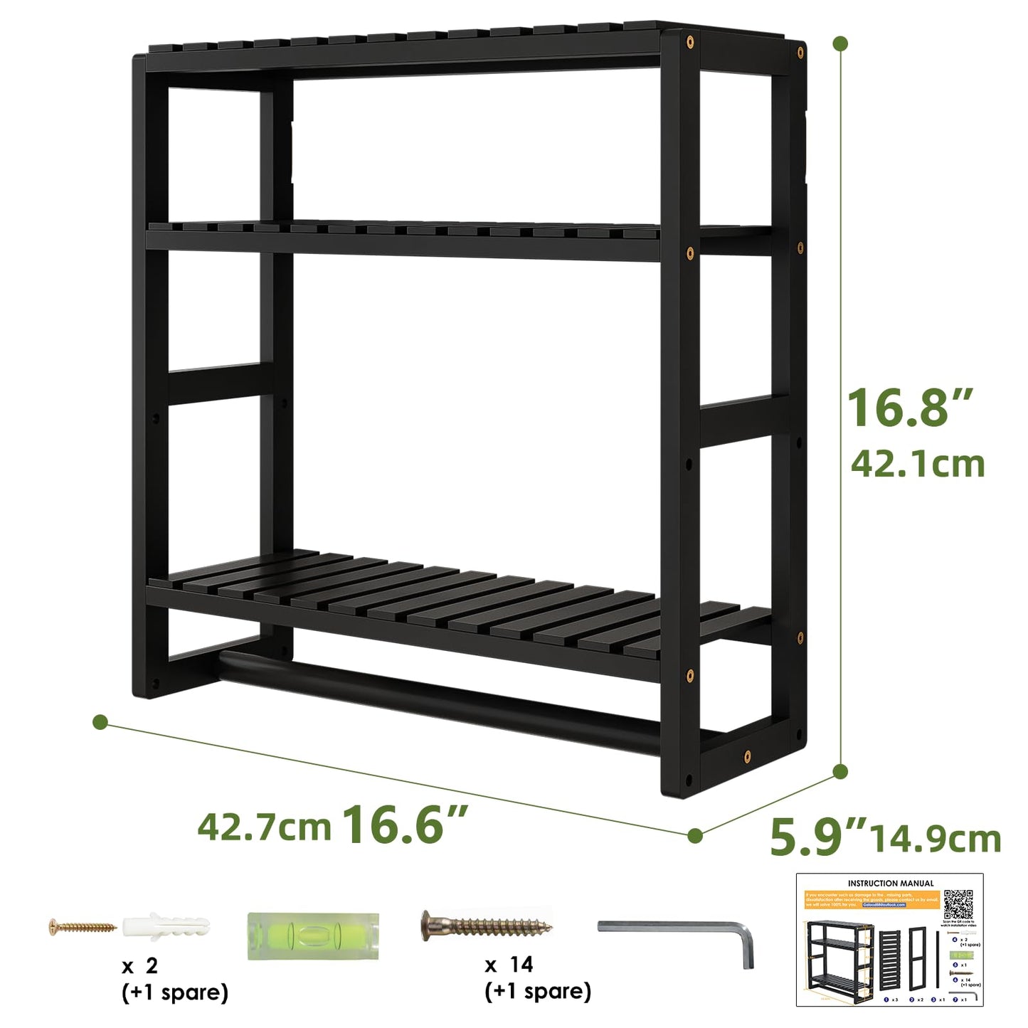 Bamworld Badezimmer Regal Badmöbel Bambus 3 Etagen Organizer Badezimmermöbel Für die Wand Platzsparend Modern (Schwarz)(42x15x42cm)