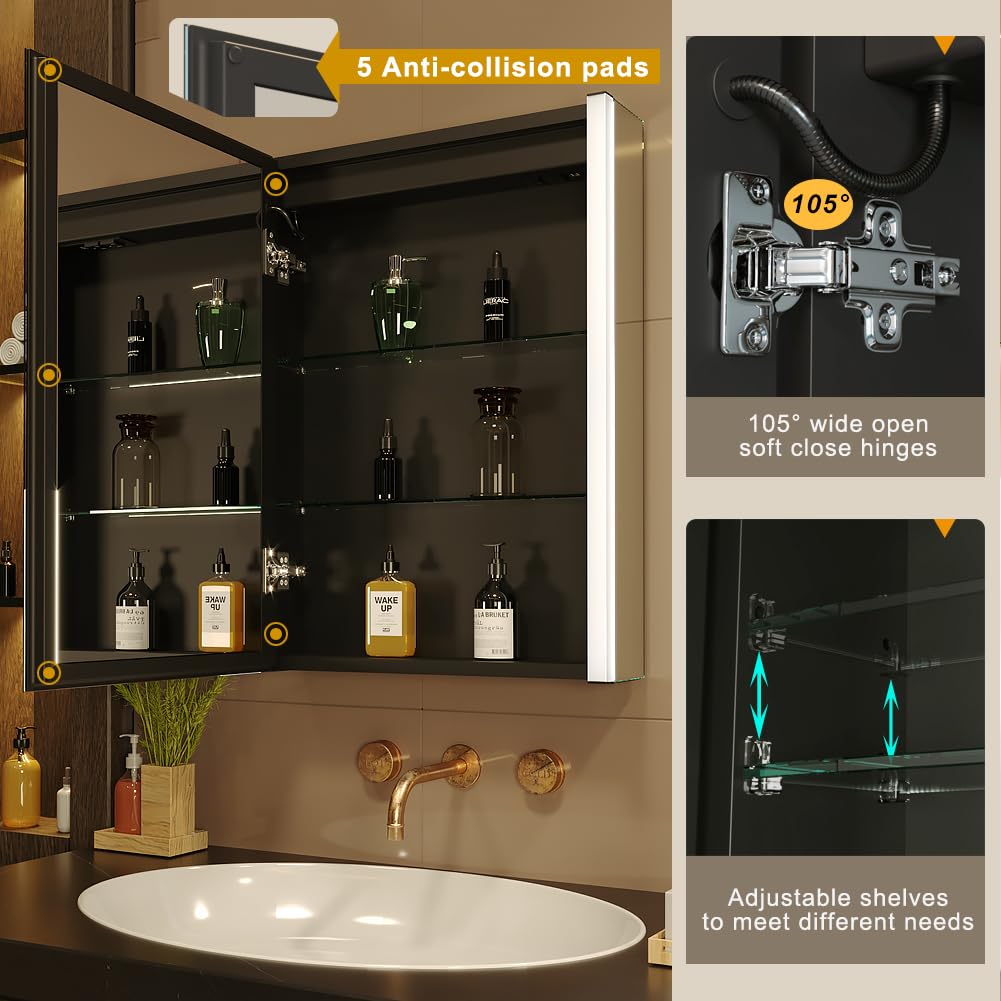 KWW LED Beleuchtetes Badezimmer Medizin Kabinett mit Spiegel, Farbtemperatur Einstellbar, Anti-Nebel Dimmbare Lichter, Steckdosen für USBs (80 x 70 cm)