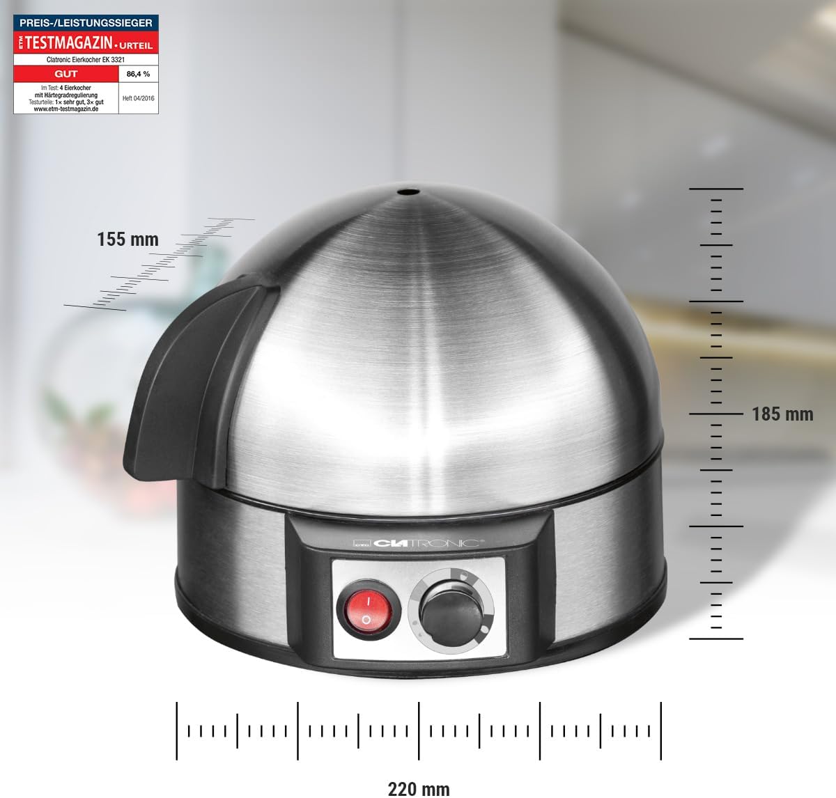Clatronic® Elektrischer Eierkocher für bis zu 7 Eier | Eierkocher Edelstahl mit Härtegradeinstellung | beleuchteter Ein-/Aus-Schalter | 400 Watt | Edelstahl | EK 3321