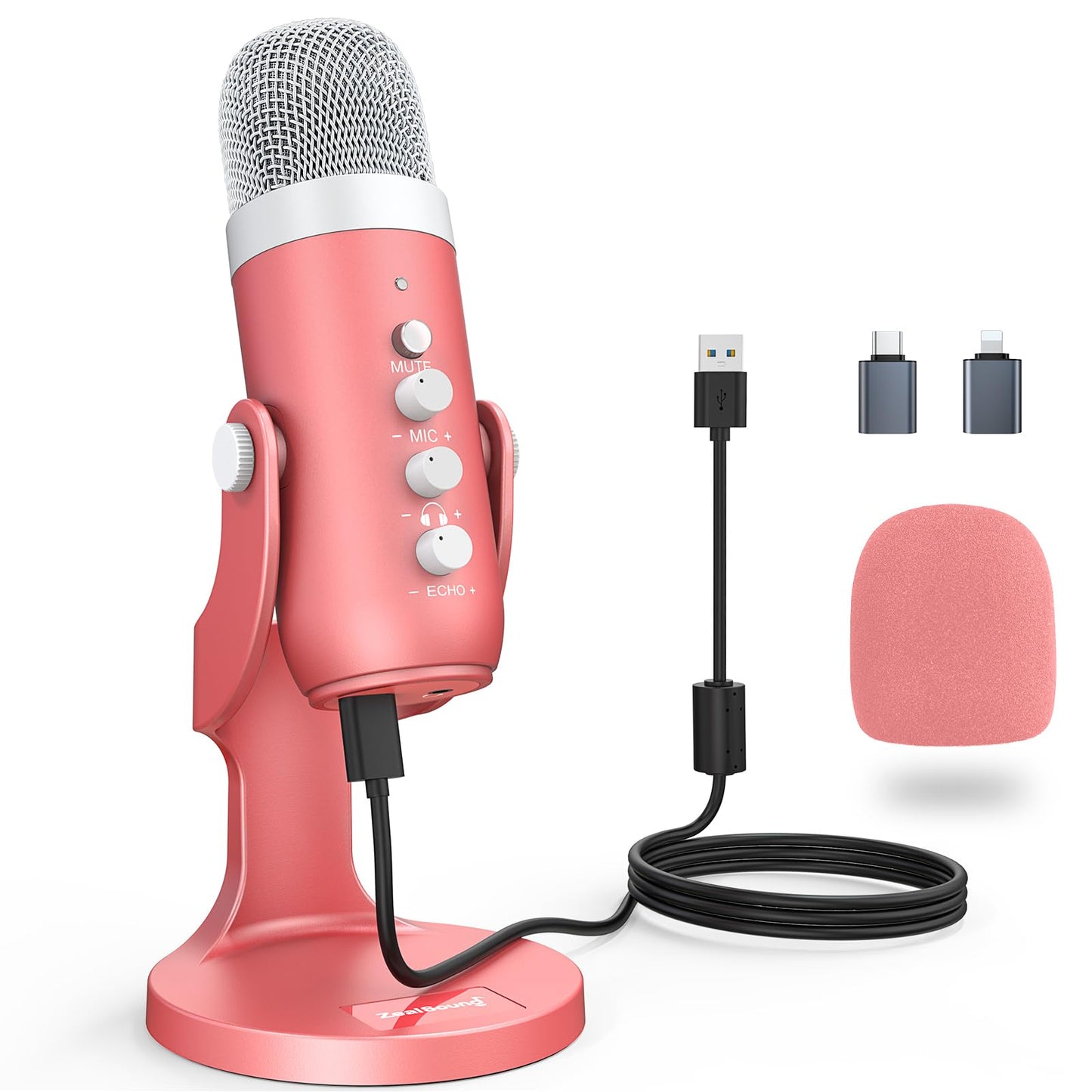 zealsound USB Mikrofon, Kondensator Mikrofon für PC Handy, PS4, PS5, Microphone PC USB C für Gaming, Podcast,Aufnahmen,Streaming,ASMR mit Stumm/Gain/Echo, Adapter für Phone,Kompatibel mit Mac, Winows